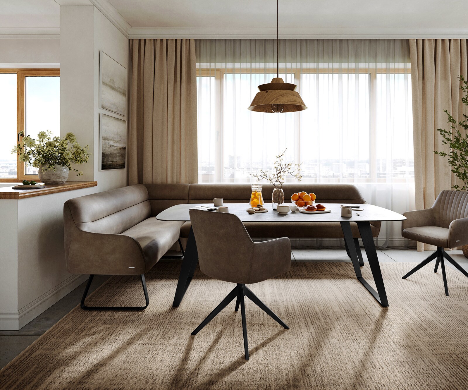 Eetkamerbank Taya-Flex 285x190 cm microvelours taupe vintage platte sledebasis zwart pocketvering rechts 2