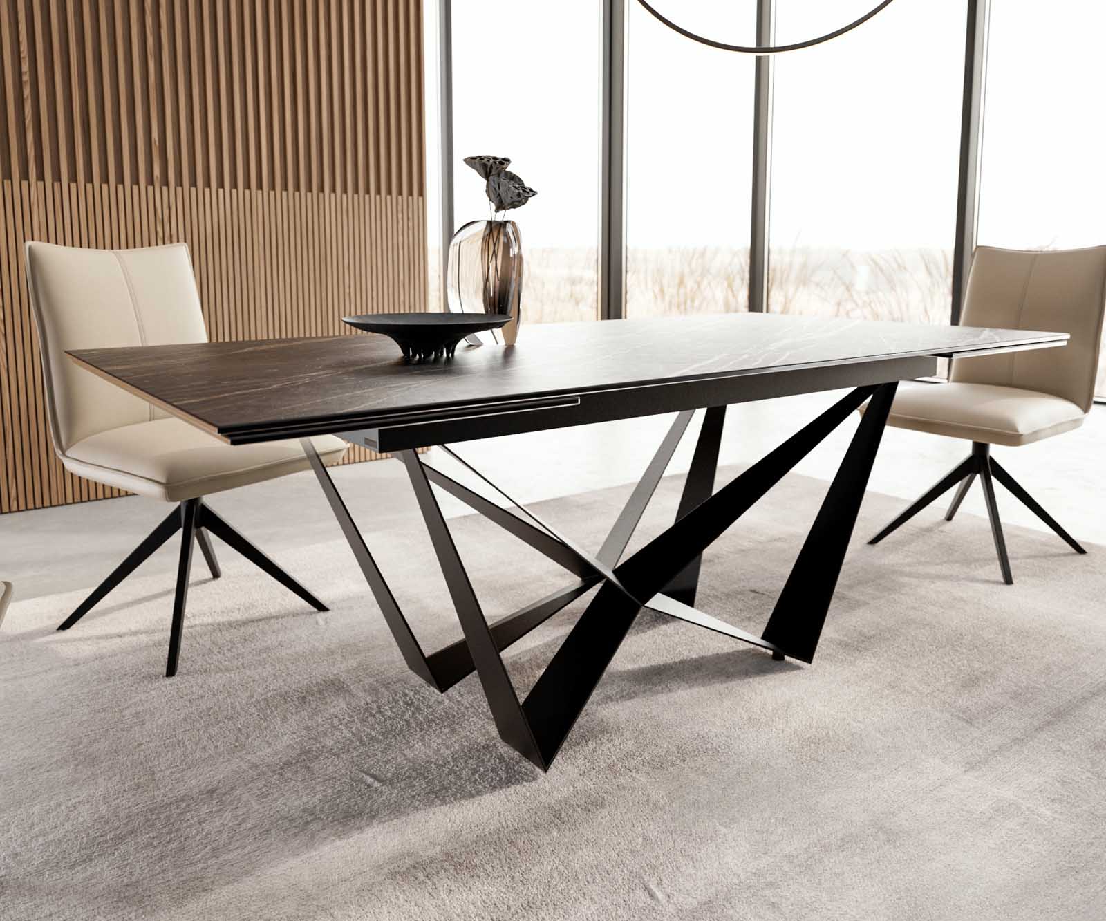 Eetkamertafel Edge 200-300x100 keramiek Laminam®Noir Desir bruin spider vlak staal zwart uitschuifbaar 6