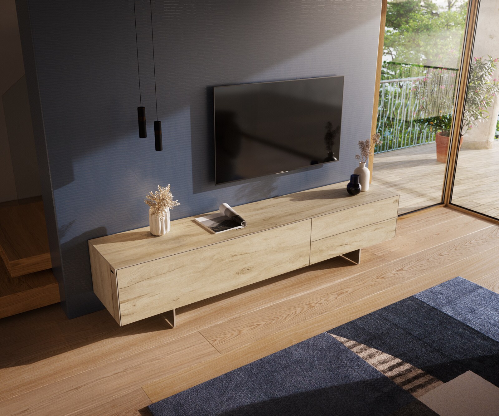 Tv-meubel Cuor 220 cm Keramiek Laminam® Sabbia Eiken gekleurd 1 Flap 2 Laden Zwevende voet look Roestvrij staal 4