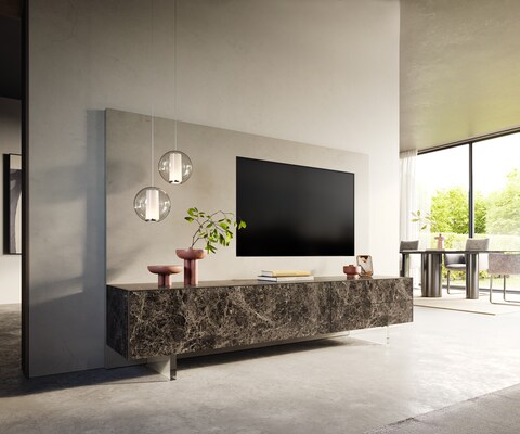 Tv-meubel Cuor 220 cm Keramiek Emperador Extra Lucidato Donkerbruin 1 Flap 2 Laden Zwevende voet look Acrylglas
