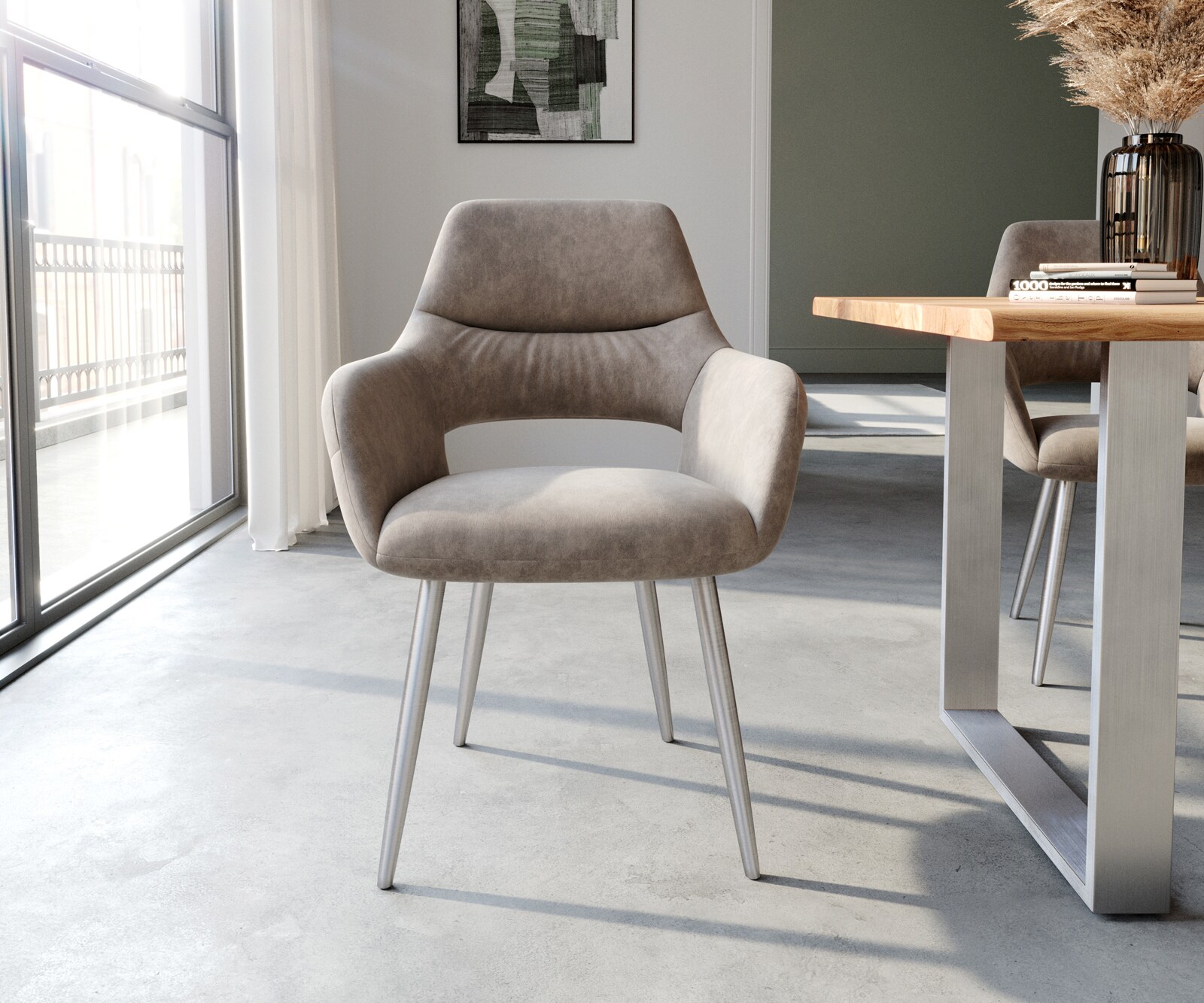 Eetkamerstoel Yago-Flex met armleuning microvelours taupe vintage 4-poot conisch roestvrij staal pocketveer kern 2