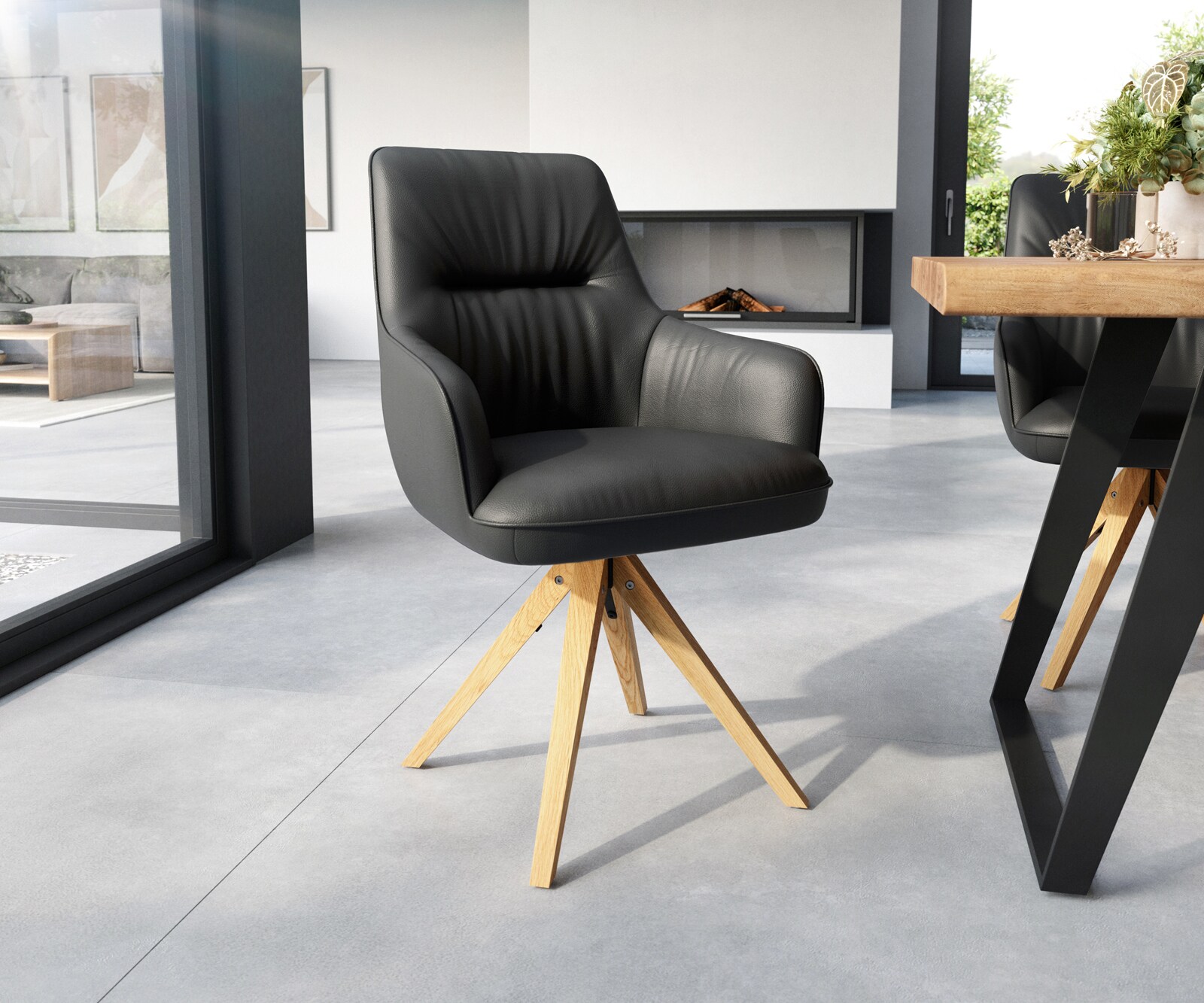 Eetkamerstoel Zelia-Flex met armleuning echt leer zwart houten frame hoekig natuur pocketveer kern