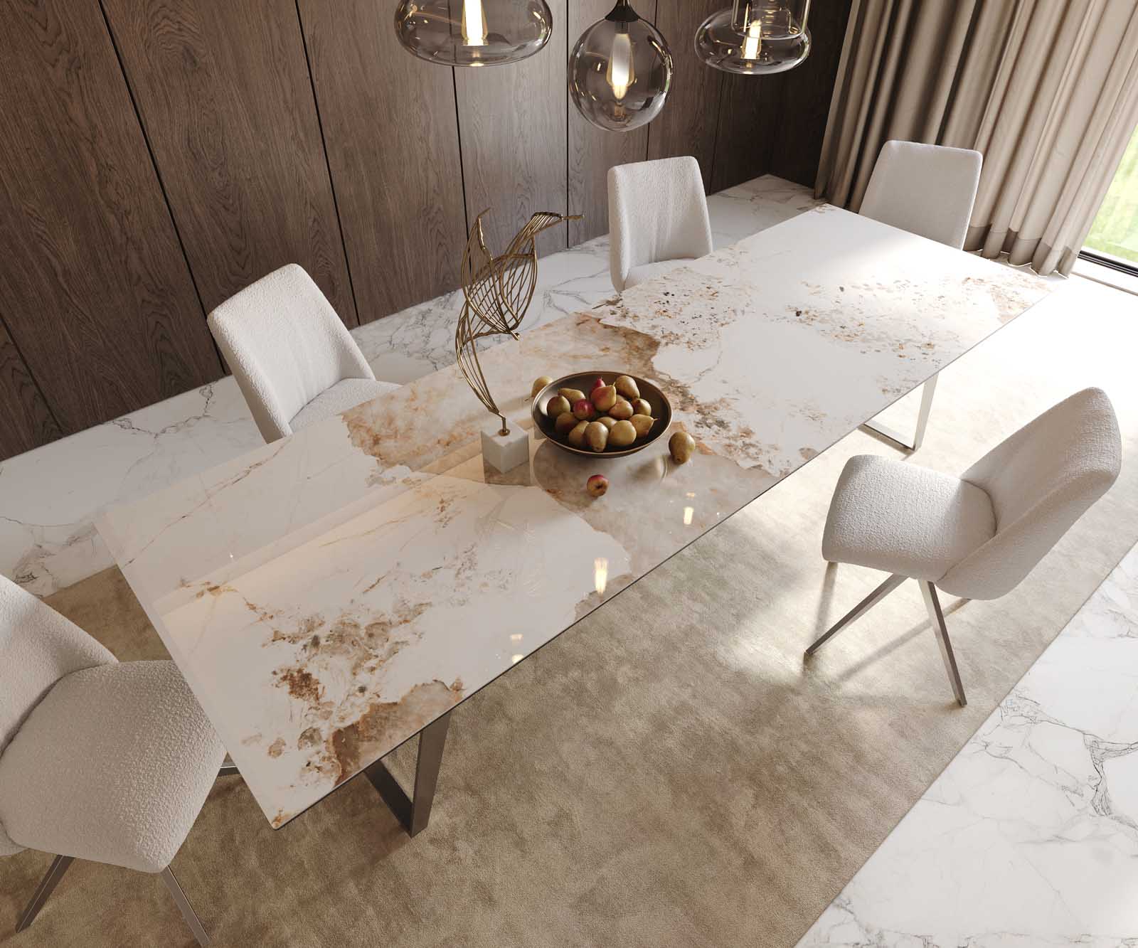 Eetkamertafel Edge 300x100 keramiek Minas Melange wit-beige RVS schuin 5