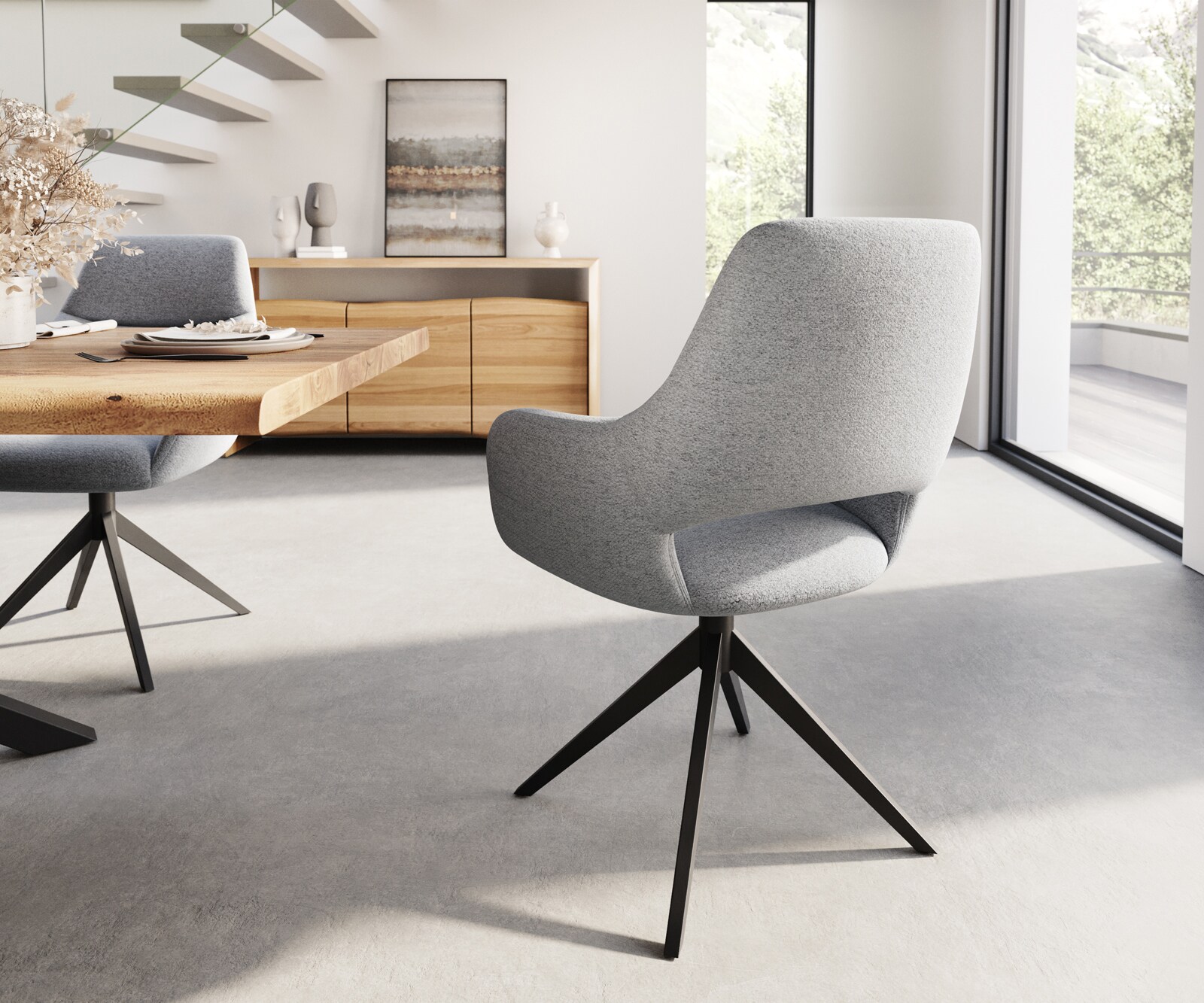 Eetkamerstoel Yago-Flex met armleuning structuurstof lichtgrijs kruisframe breed zwart pocketveer kern 4 Eetkamerstoel Yago-Flex met armleuning structuurstof lichtgrijs kruisframe breed zwart pocketveer kern 4