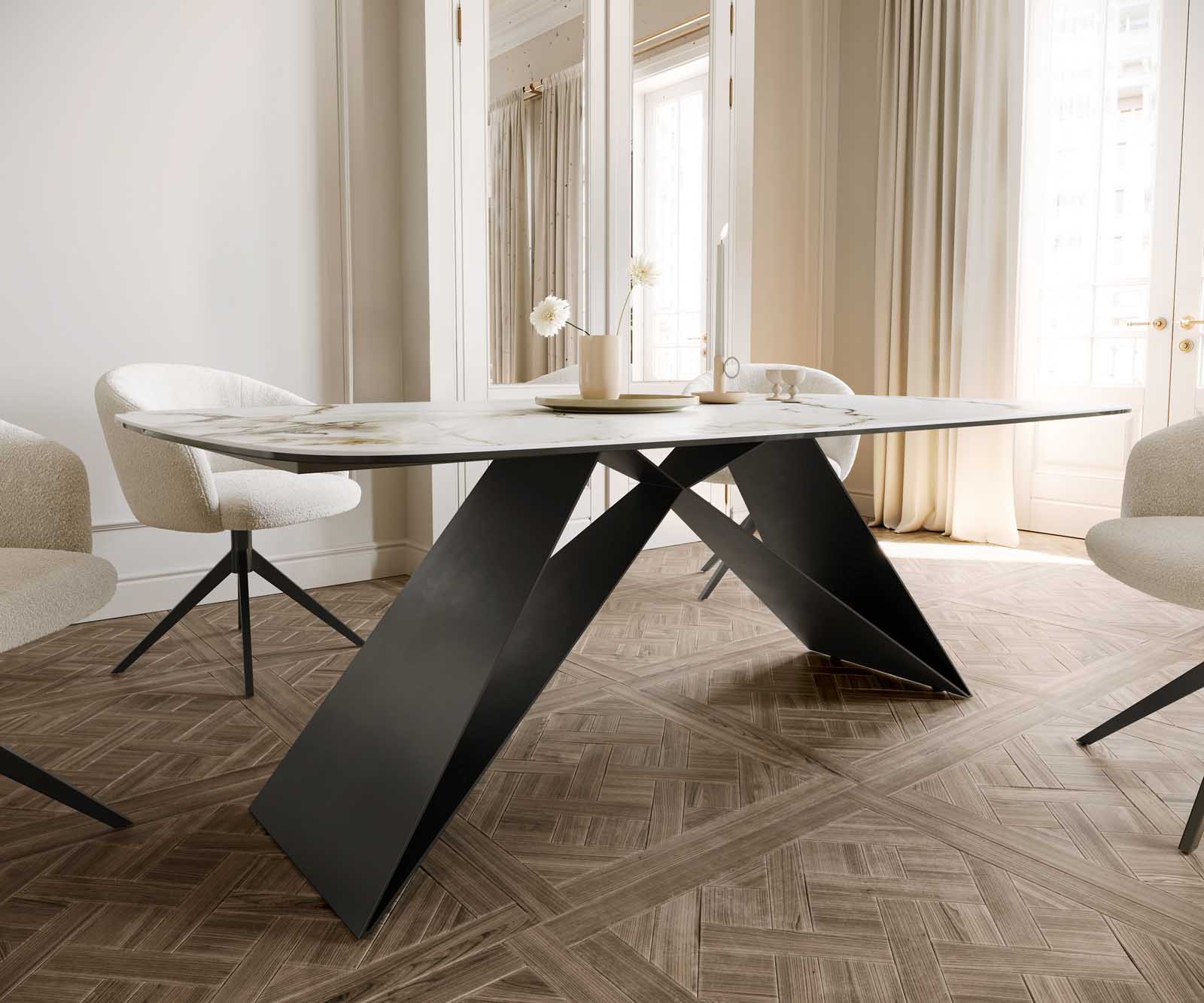Eetkamertafel Edge Boot 200x100 keramiek Calacatta Luxe wit-goud-grijs V-frame vlak staal zwart 5