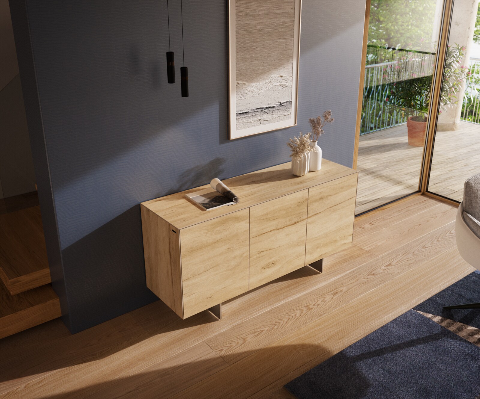 Dressoir Cuor 150 cm Keramiek Laminam® Sabbia Eiken gekleurd 3 Deuren Zwevende voet look Roestvrij staal 3