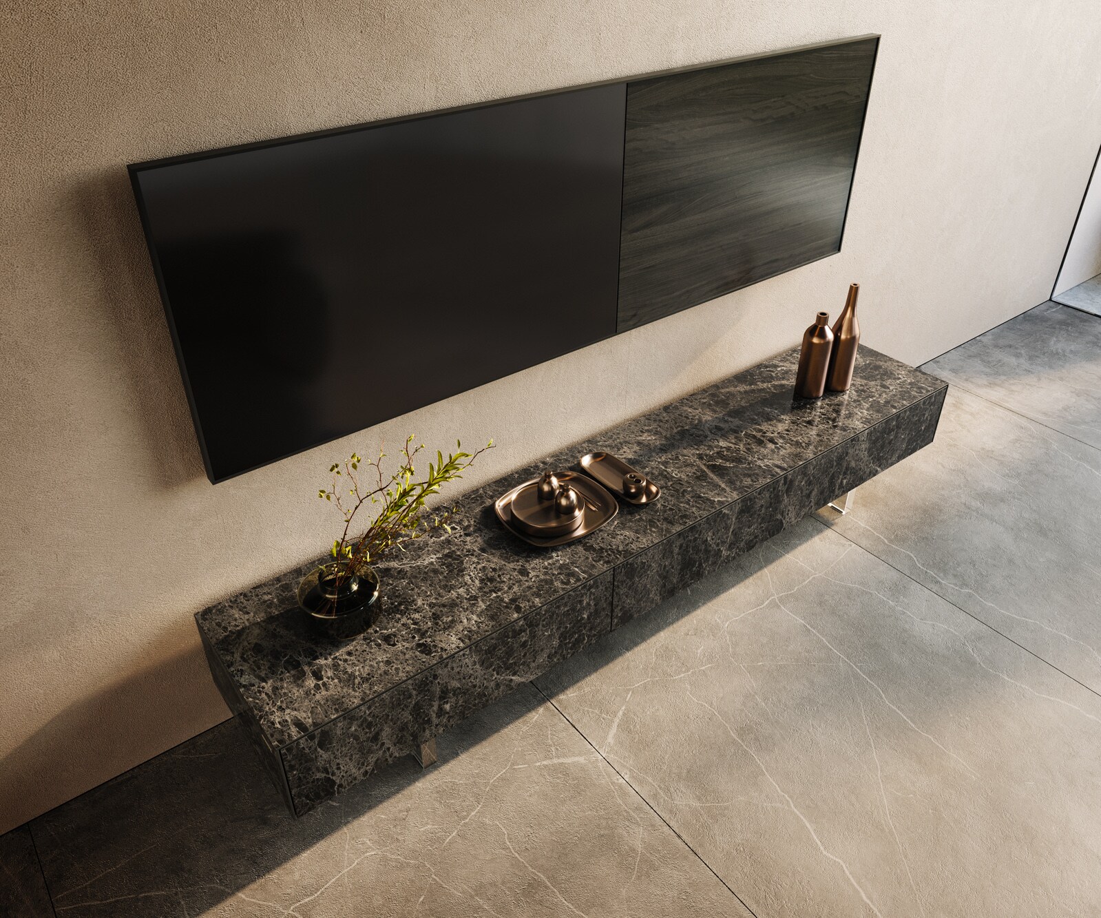 Tv-meubel Cuor 200 cm Keramiek Emperador Extra Lucidato Donkerbruin 1 Flap 1 Lade Zwevende voet look Acrylglas 3