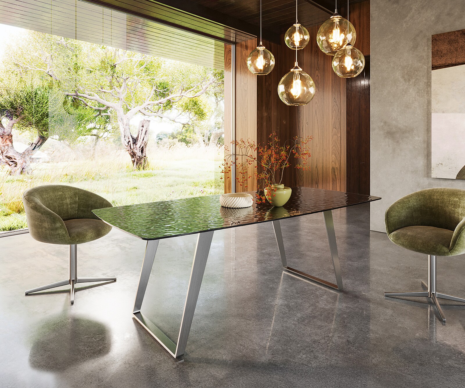 Eettafel Edge Boot 200x100 Reliefglas zwart 3D-Design RVS Schräg 3
