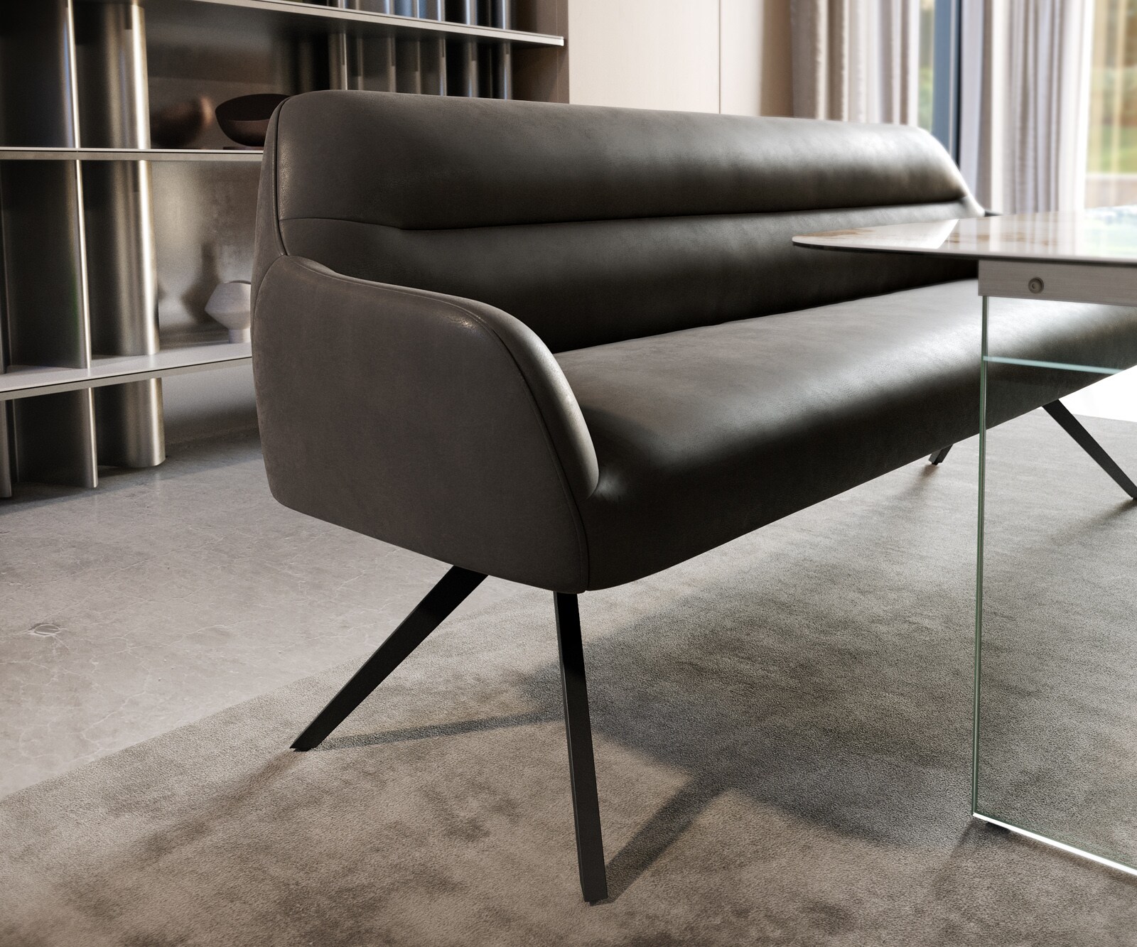 Eetkamerbank Taya-Flex 200 cm microvelours anthraciet vintage hoekig kruisframe zwart pocketvering 4