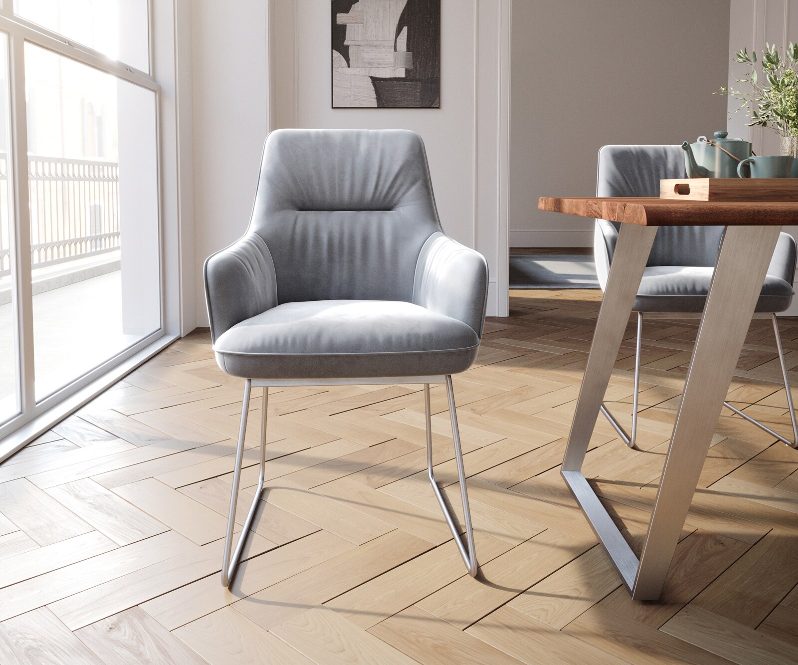 Eetkamerstoel Zelia-Flex met armleuning fluweel grijs slipframe roestvrij staal pocketveer kern 1