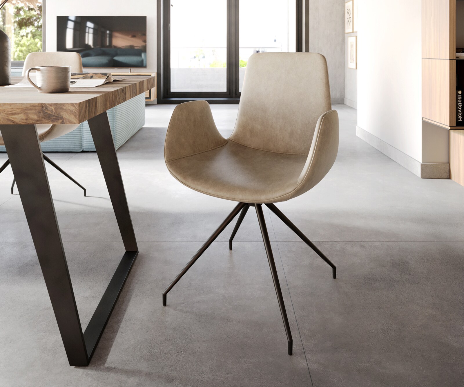 Eetkamerstoel Ilia-Flex met armleuning microvelours beige vintage kruisframe conisch zwart