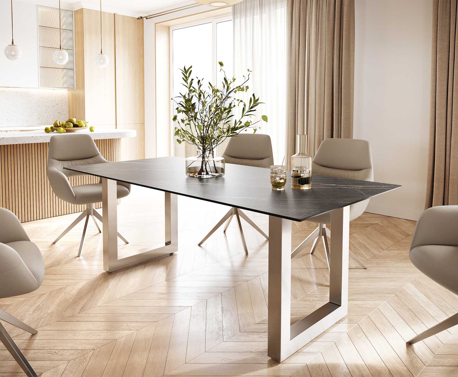 Eettafel Edge 200x100 keramiek Laminam® Noir Desir bruin roestvrij staal breed