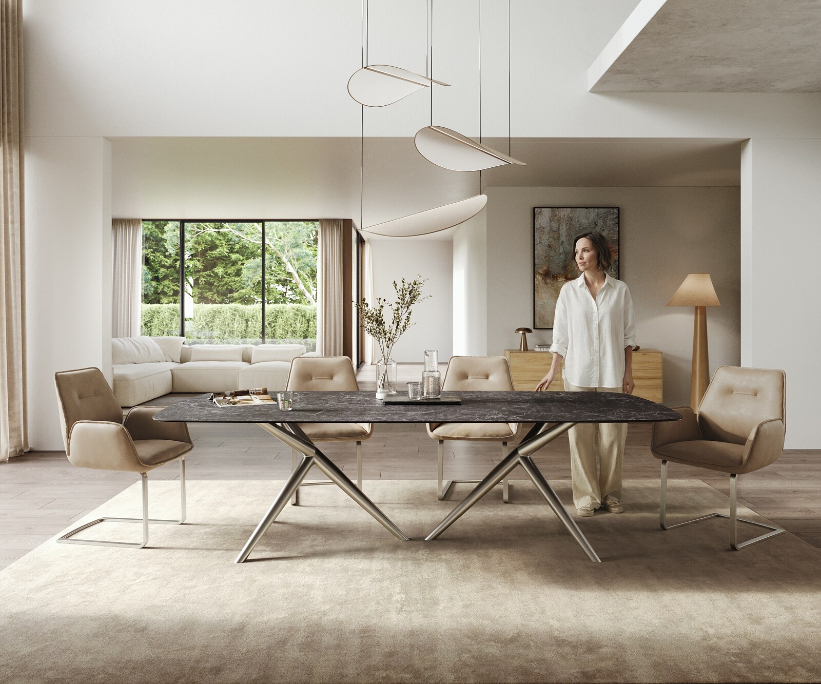 Eettafel Edge Boot 260x120 cm Keramiek Laminam® Nero Greco Anthrazit Estelar rond Roestvrij staal