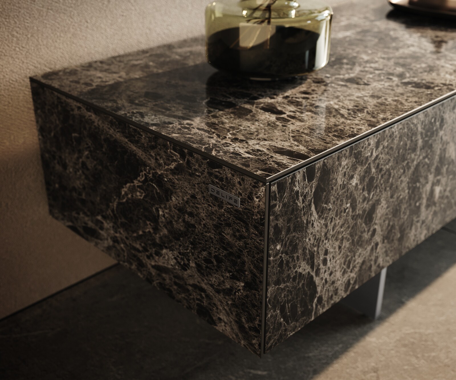 Tv-meubel Cuor 150 cm Keramiek Laminam® Emperador Extra Lucidato Donkerbruin 1 Flap 1 Lade Zwevende voet look Roestvrij staal 6