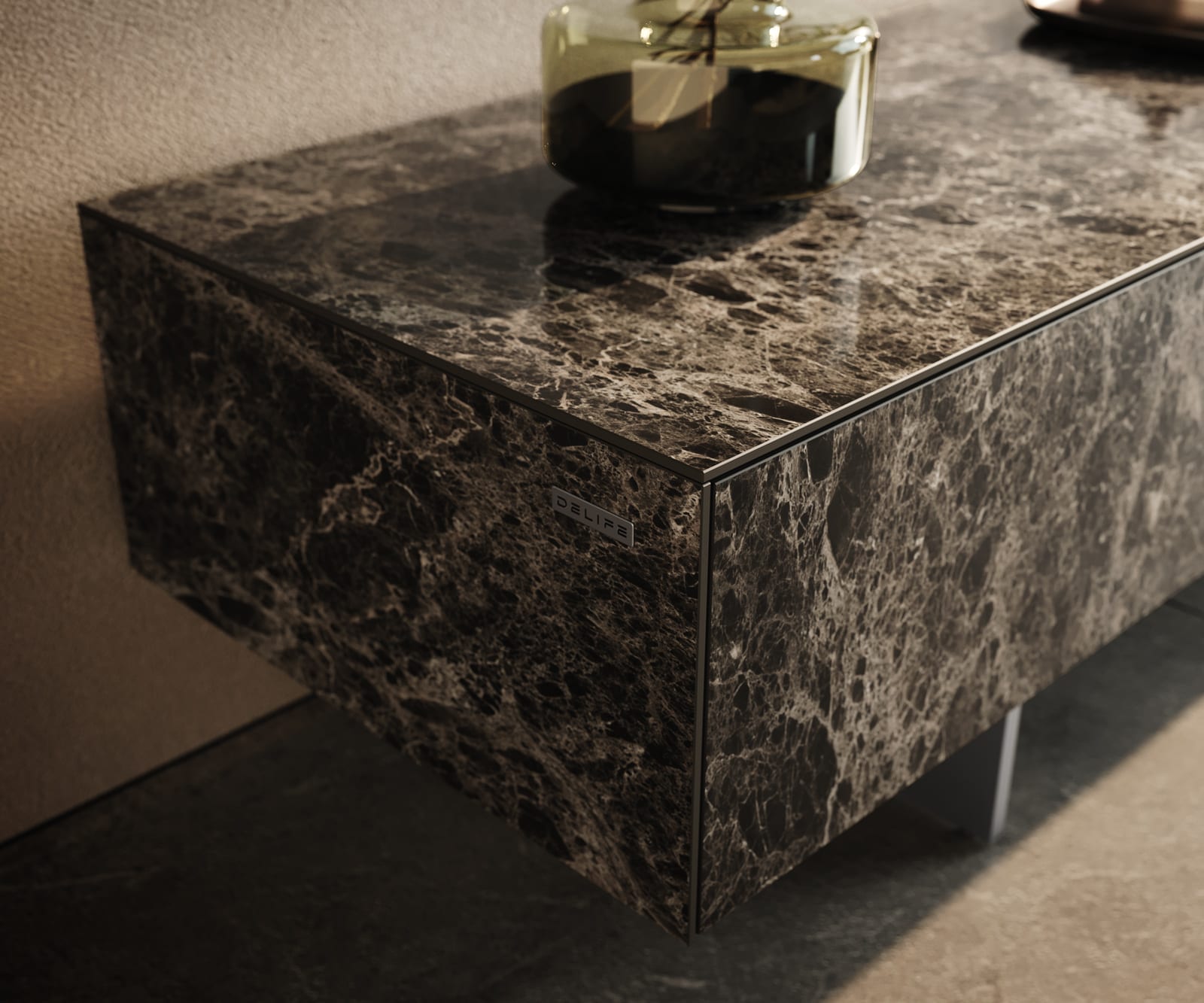 Tv-meubel Cuor 150 cm Keramiek Emperador Extra Lucidato Donkerbruin 1 Flap 1 Lade Zwevende voet look Roestvrij staal 5 Tv-meubel Cuor 150 cm Keramiek Emperador Extra Lucidato Donkerbruin 1 Flap 1 Lade Zwevende voet look Roestvrij staal 5