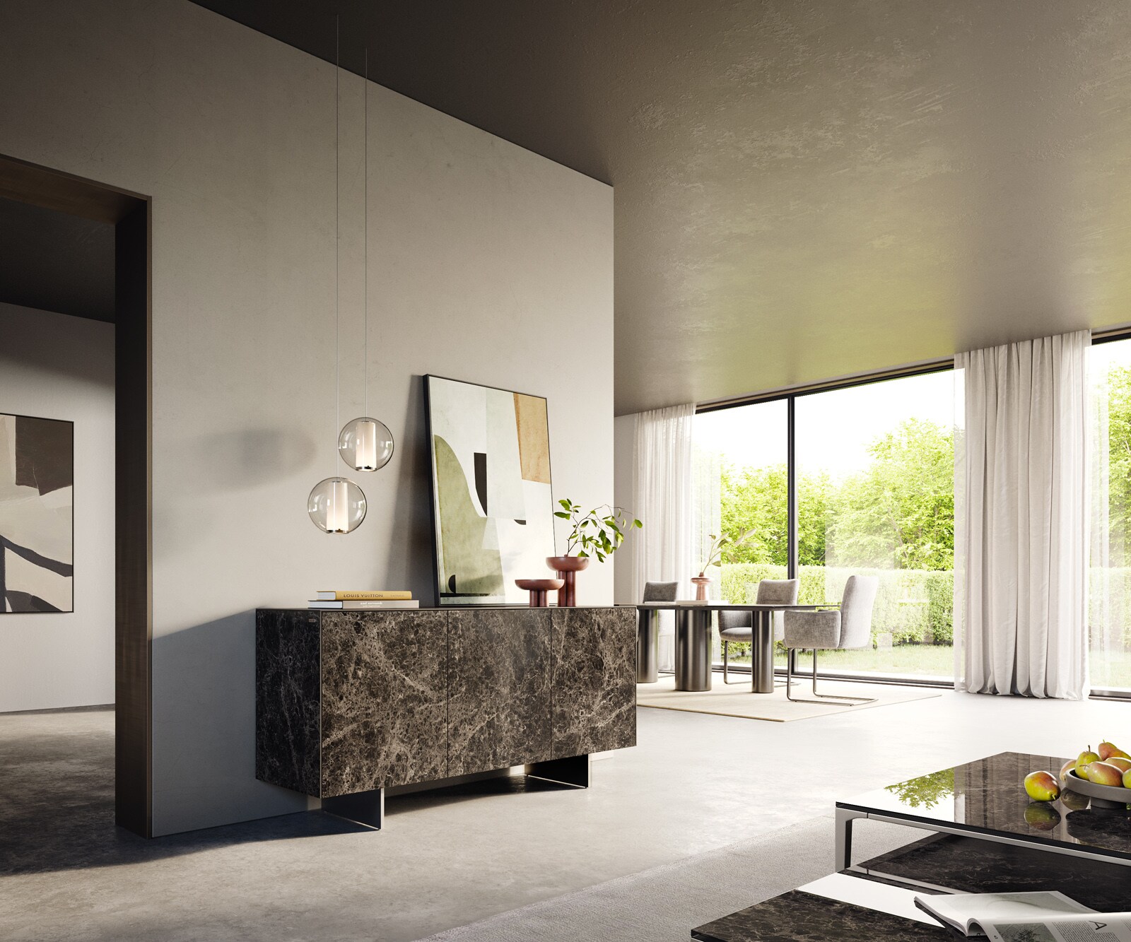 Dressoir Cuor 150 cm Keramiek Emperador Extra Lucidato Donkerbruin 3 Deuren Zwevende voet look Roestvrij staal 6