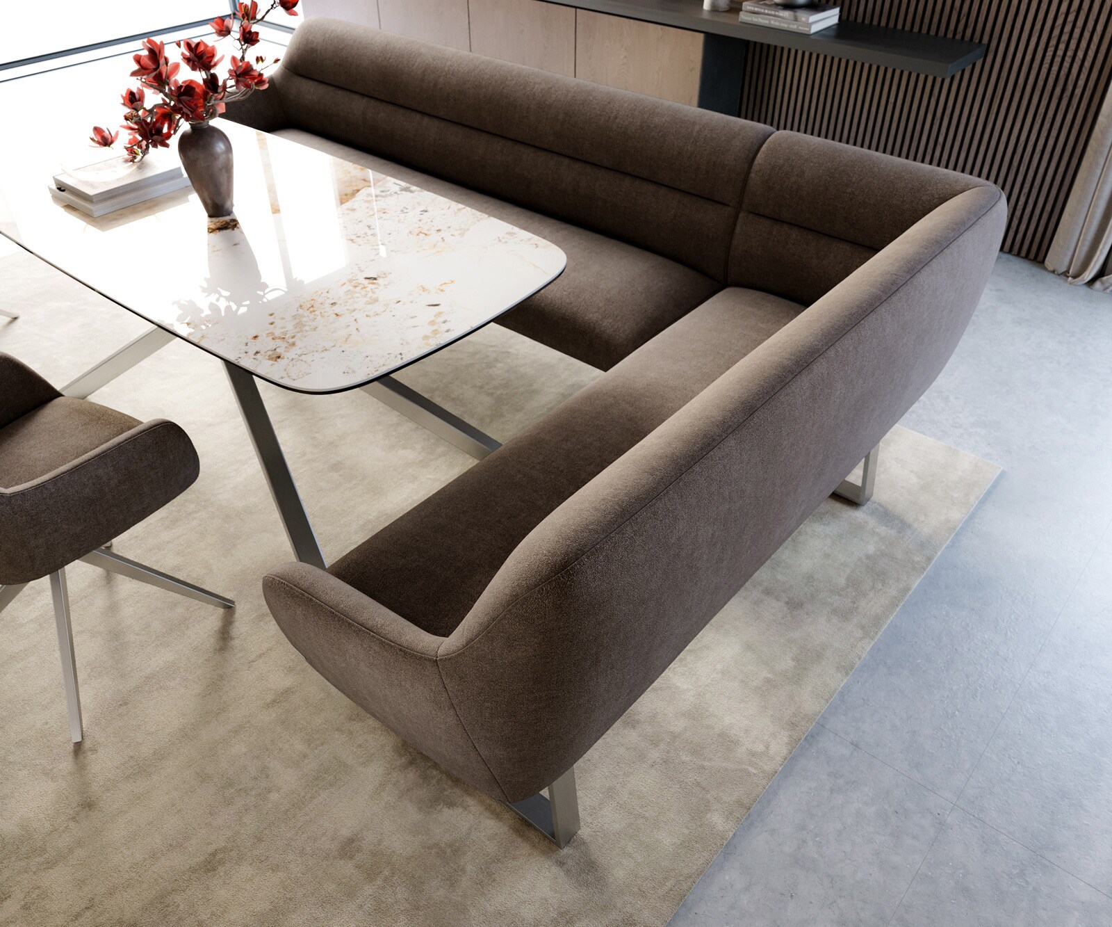 Eetkamerbank Taya-Flex 285x190 cm zachte stof met structuur taupe gekant sledeframe roestvrij staal pocketvering links 4