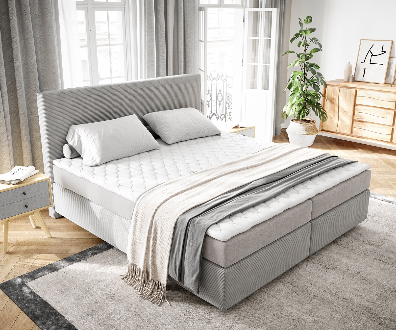 Boxspringbed Dream-Well Cord Silbergrau 160x200 cm mit Matratze und Topper 3