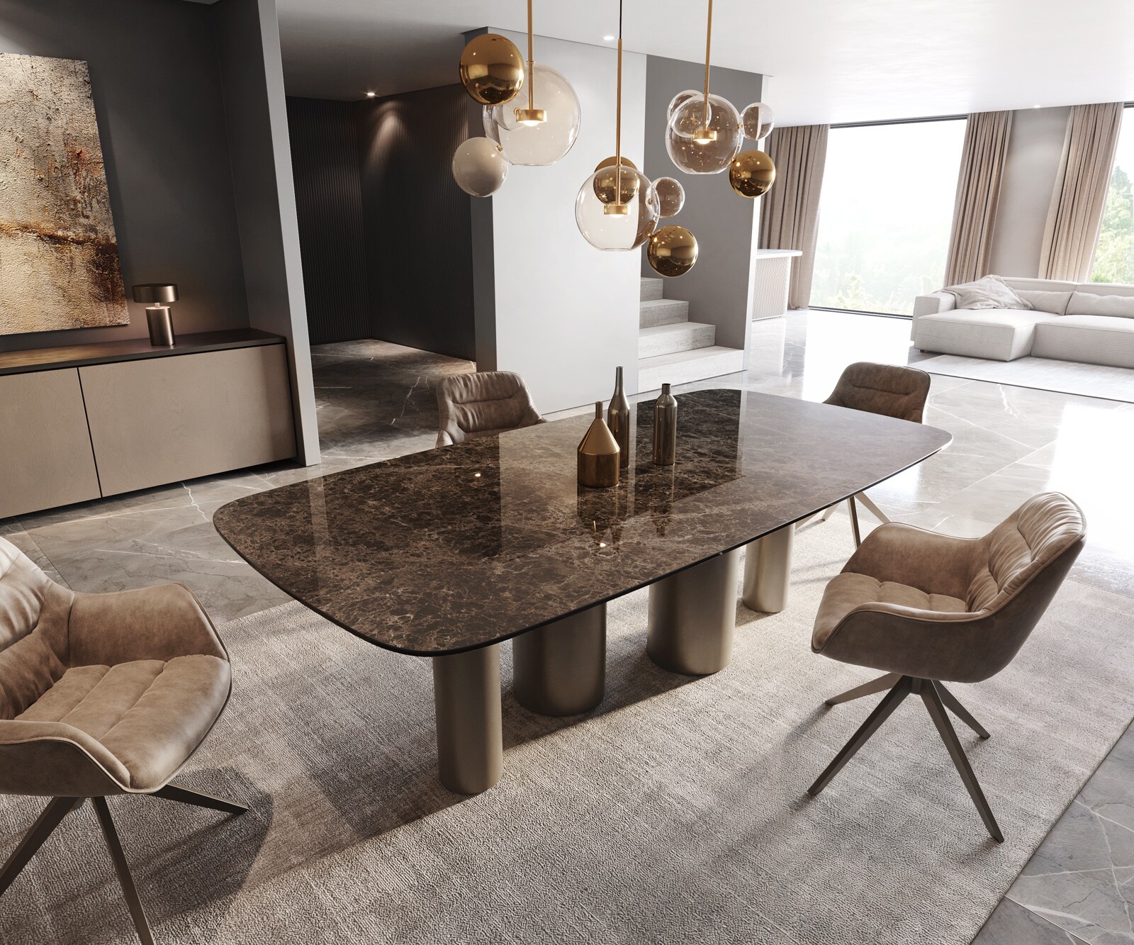 Eettafel Edge Boot Keramiek Emperador Extra Lucidato Donkerbruin 240x120 Pilier Metaal effectafwerking Titanium