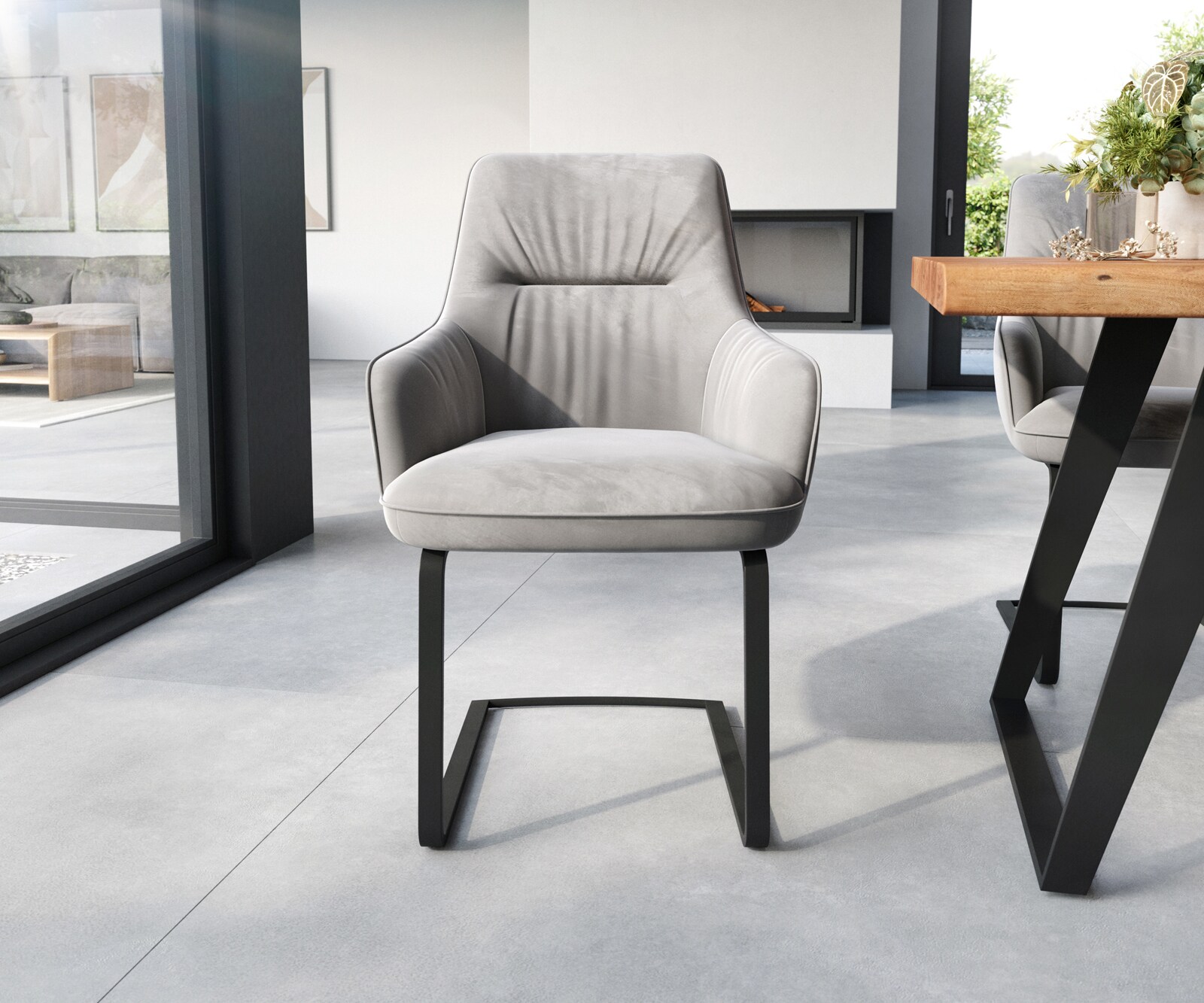 Sledemodel Zelia-Flex met armleuning fluweel grijs sledemodel vlak zwart pocketveer kern 1 Sledemodel Zelia-Flex met armleuning fluweel grijs sledemodel vlak zwart pocketveer kern 1