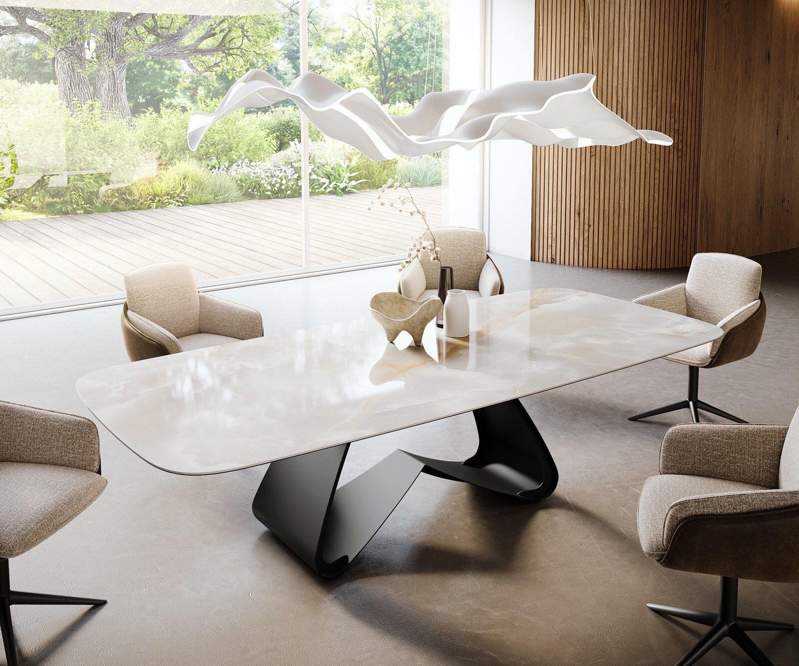 Eetkamertafel Edge Boot 270x120 cm Keramiek Iris FMG Onice Grigio W-onderstel Metaal Zwart 1