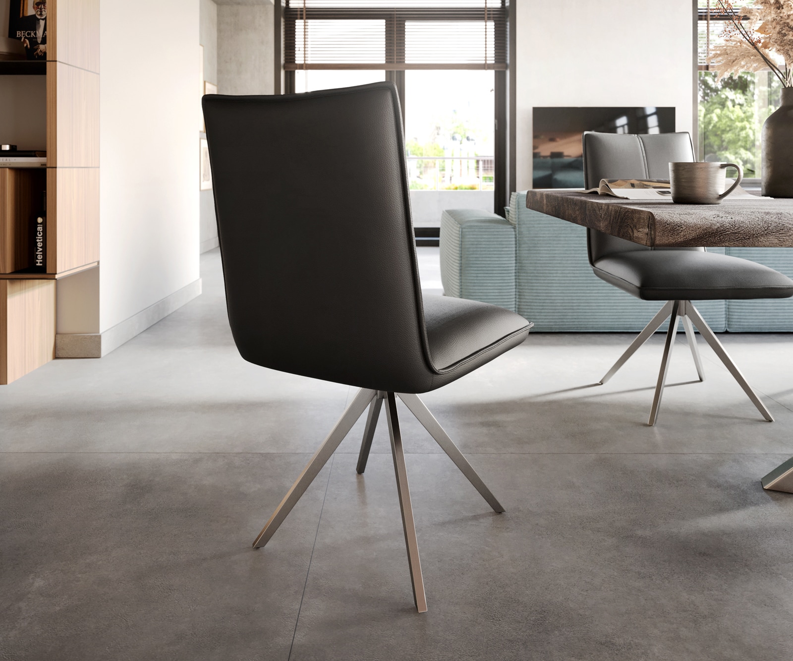 Eetkamerstoel Lelio-Flex echt leer zwart kruisframe breed roestvrij staal pocketveer kern 4 Eetkamerstoel Lelio-Flex echt leer zwart kruisframe breed roestvrij staal pocketveer kern 4