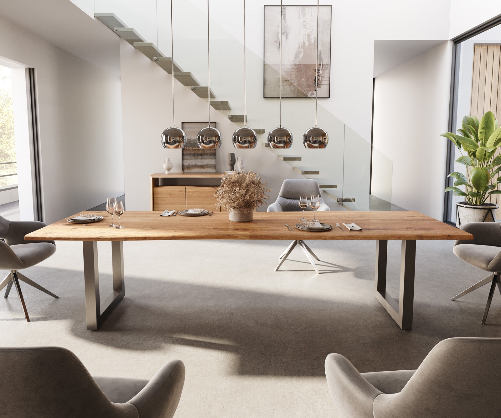 Eettafel Edge 300x100 acacia natuur roestvrijstaal breed Live-Edge 2