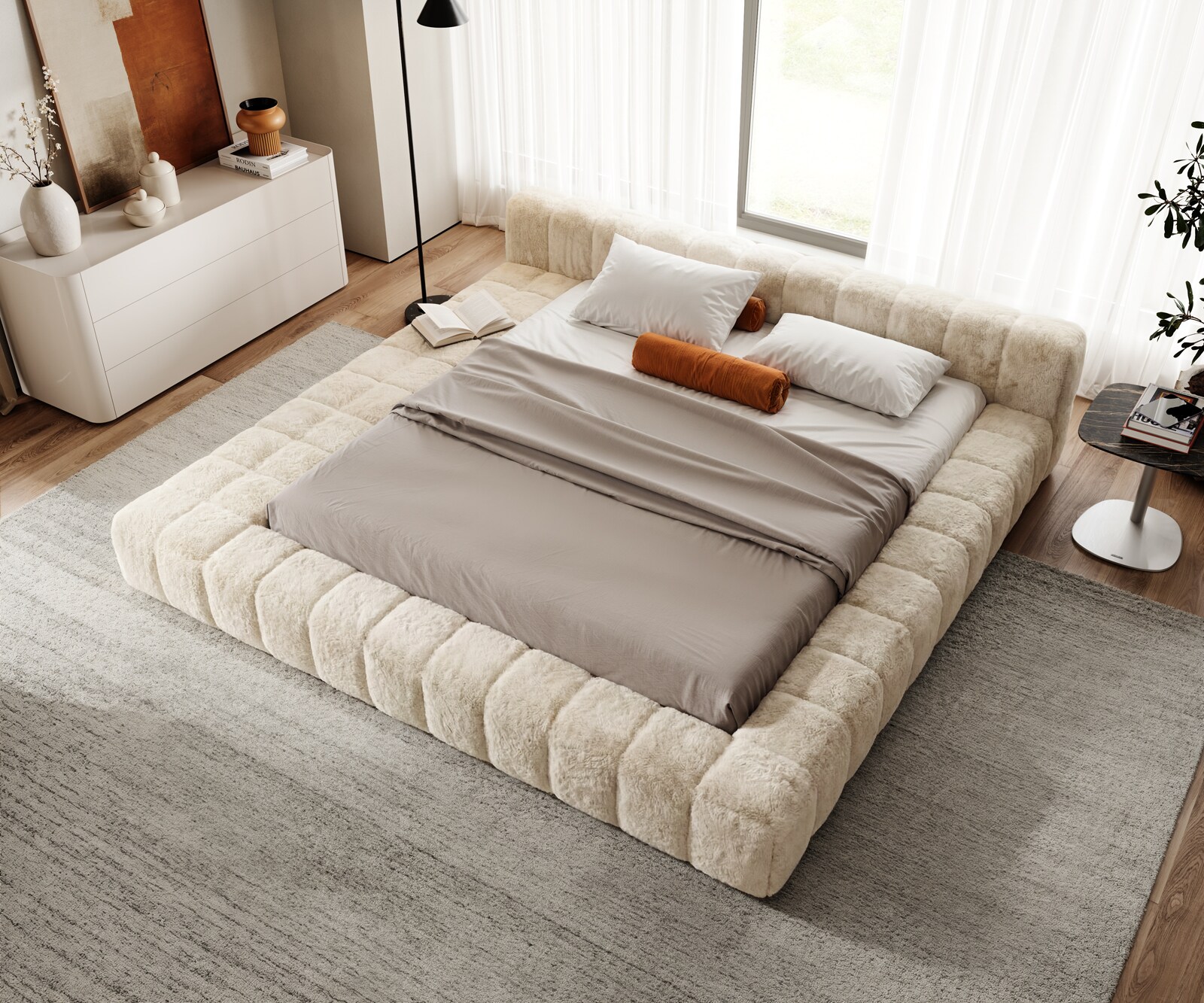 Gestoffeerd bedframe Espazio 180x200 cm Plüsch crème-wit 1