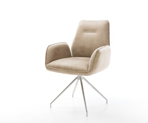 Eetkamerstoel Zoa-Flex microvelours beige vintage kruisframe conisch roestvrij staal pocketveer kern