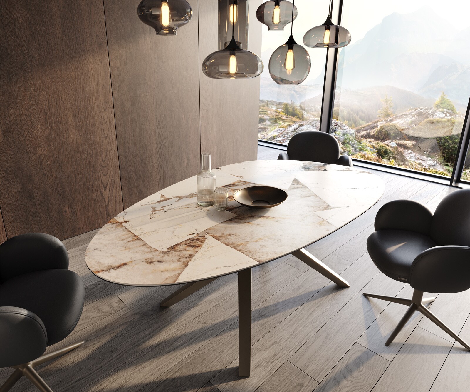 Eetkamertafel Edge ovaal 220x120 keramiek Iris FMG Patagonia Lappato Zenthara hoekig metaal effectafwerking titaan