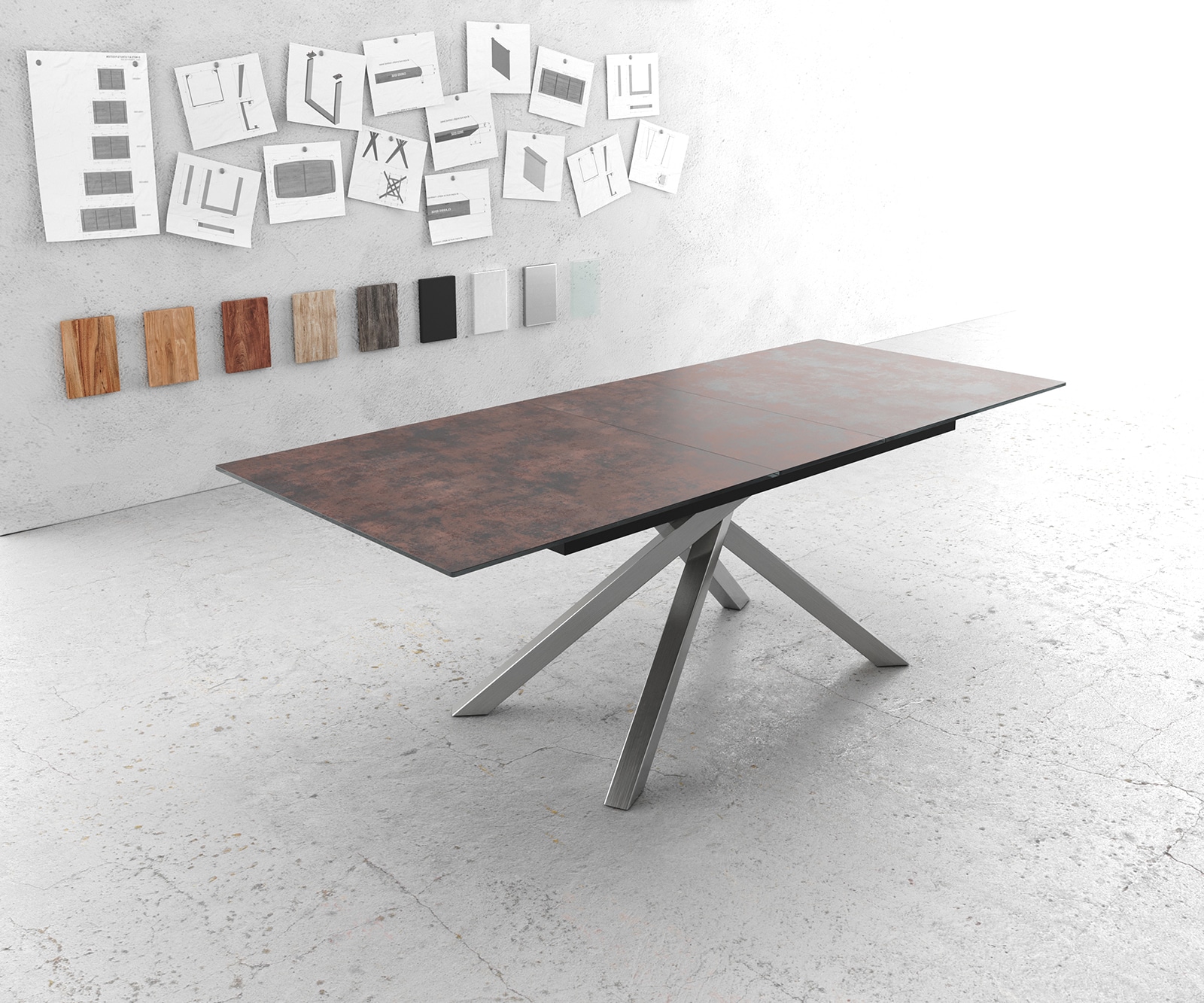 Eettafel Edge 180-220x90cm verre antiek-bruin middenpoot kruis zilver Eettafel Edge 180-220x90cm verre antiek-bruin middenpoot kruis zilver