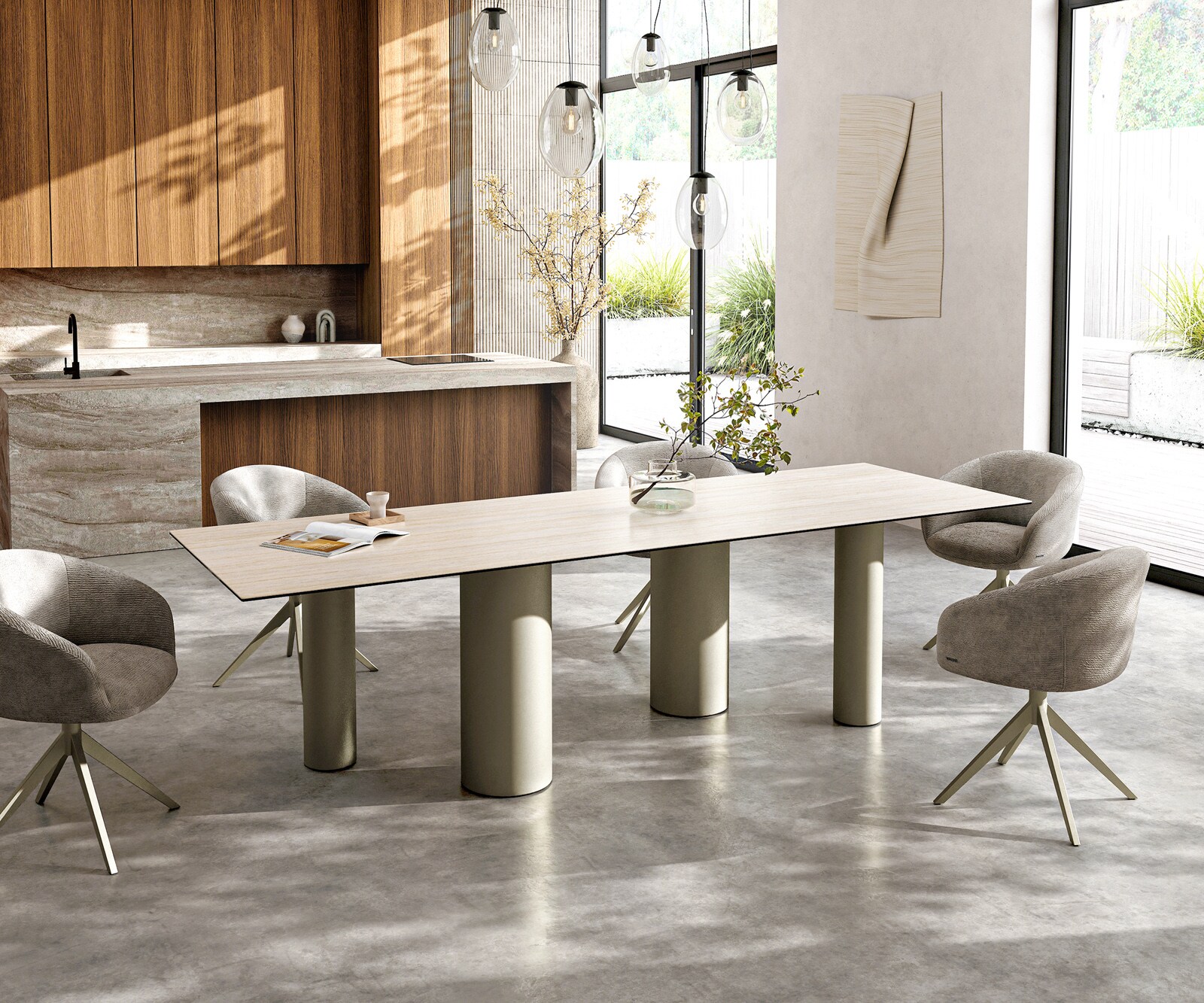 Eettafel Edge 300x100 keramiek  Laminam® Travertino Bianco Creme-wit Pilier metaal effectafwerking Titan 6