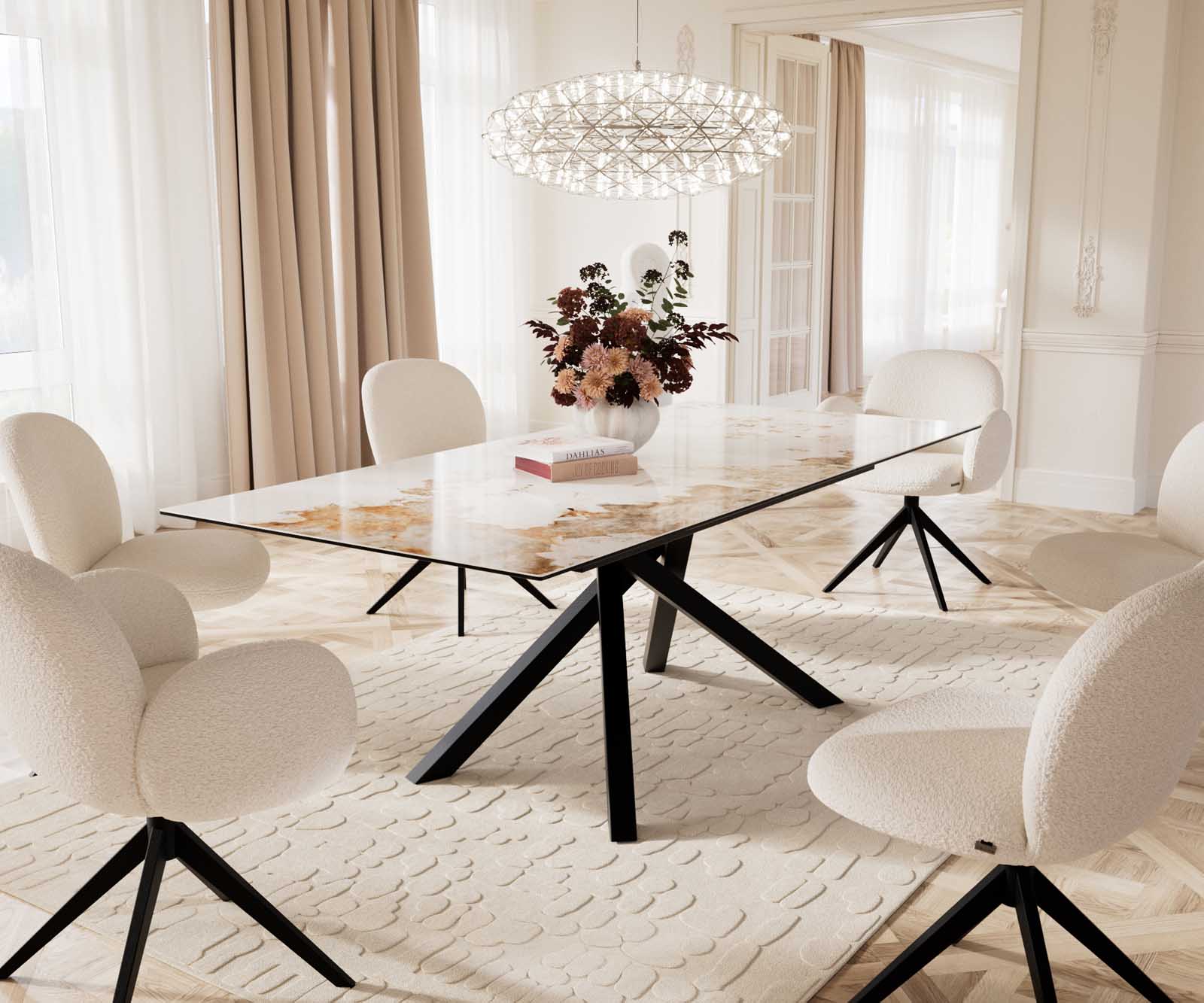 Eetkamertafel Edge 180-220x100 keramiek Minas Melange wit-beige kruisframe rechthoek zwart uitschuifbaar 9