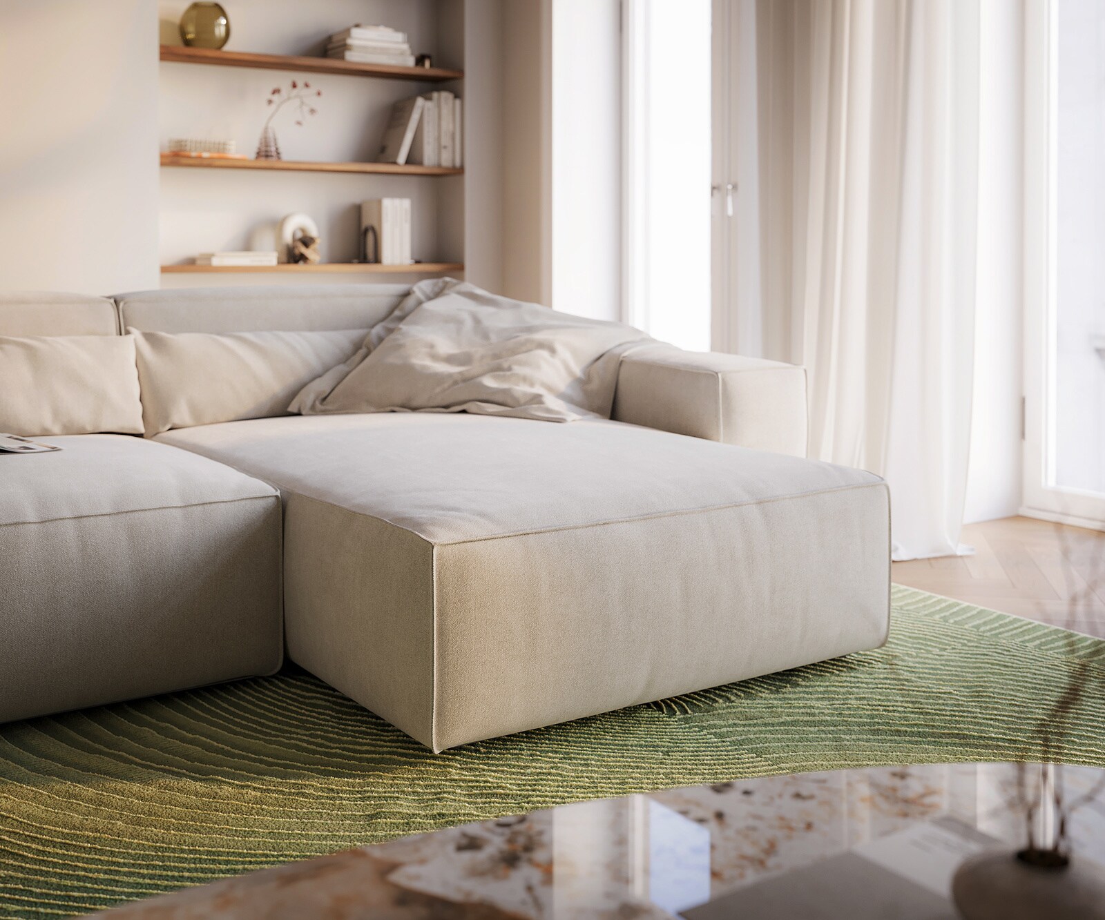 Hoekbank Sirpio XL 270x170 cm Zachte structuurstof Beige Chaise longue variabel 4