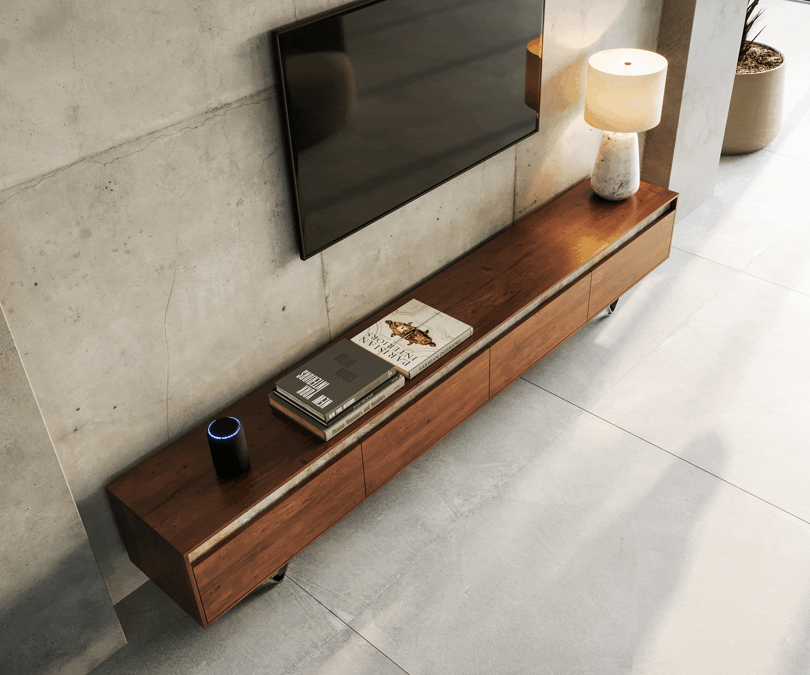 Tv-meubel Stonegrace 240 cm acacia bruin Leisteen 4 deuren V-poot zwart 3
