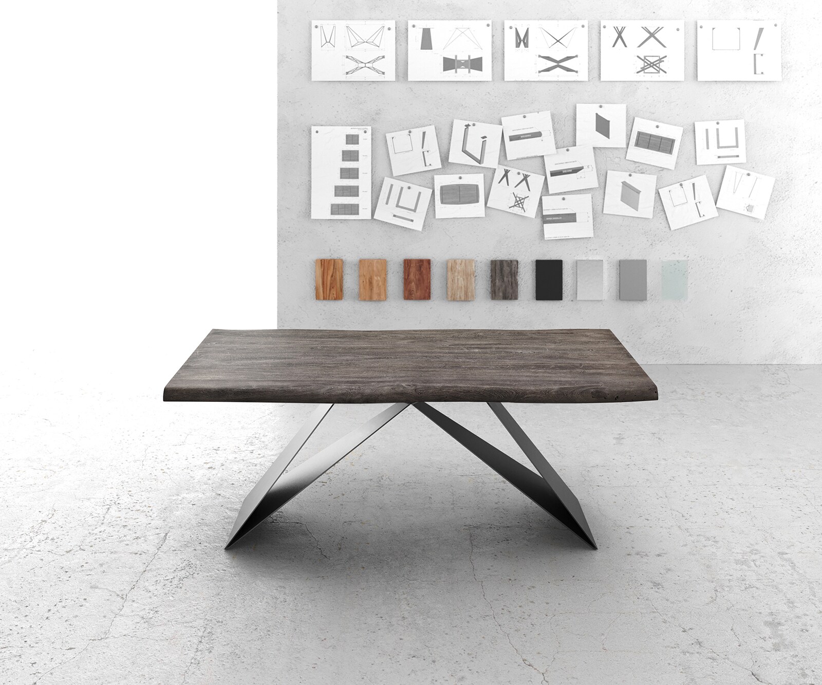 Eettafel Edge 200x100 XL acacia platina V-frame vlakstaal zwart Live-Edge 2