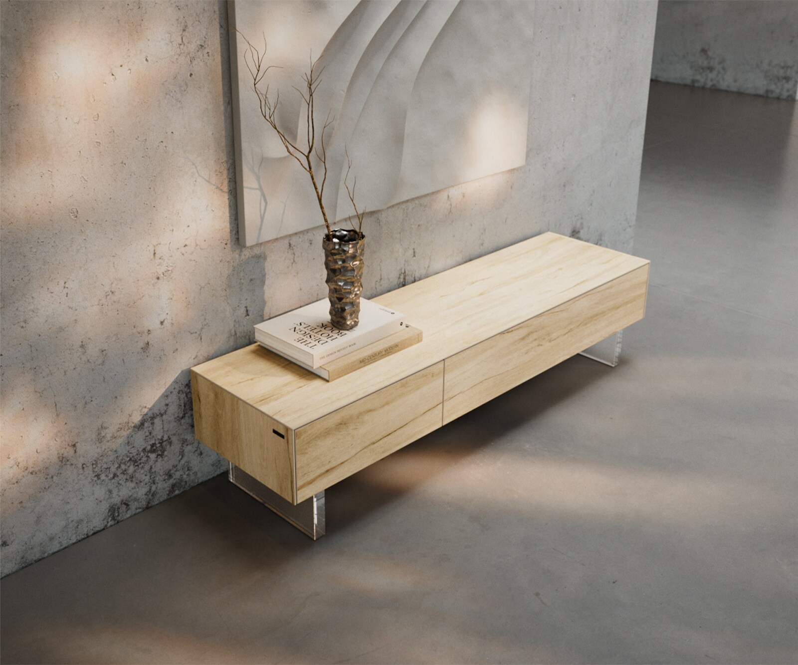 Tv-meubel Cuor 150 cm Keramiek Laminam® Sabbia Eiken gekleurd 1 Flap 1 Lade Zwevende voet look Acrylglas 3