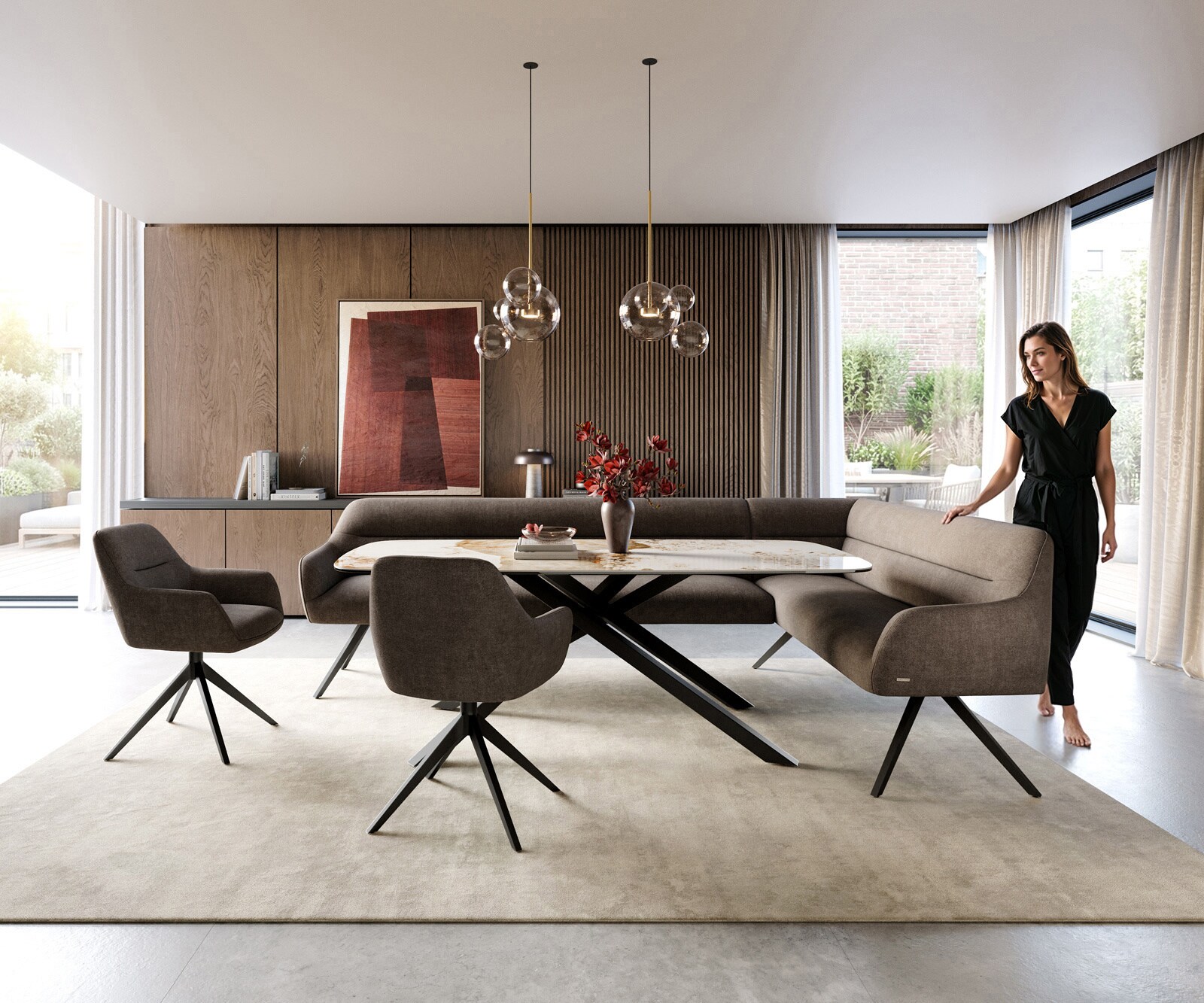 Eetkamerbank Taya-Flex 285x190 cm zachte stof met structuur taupe hoekig kruisframe zwart pocketvering links 2