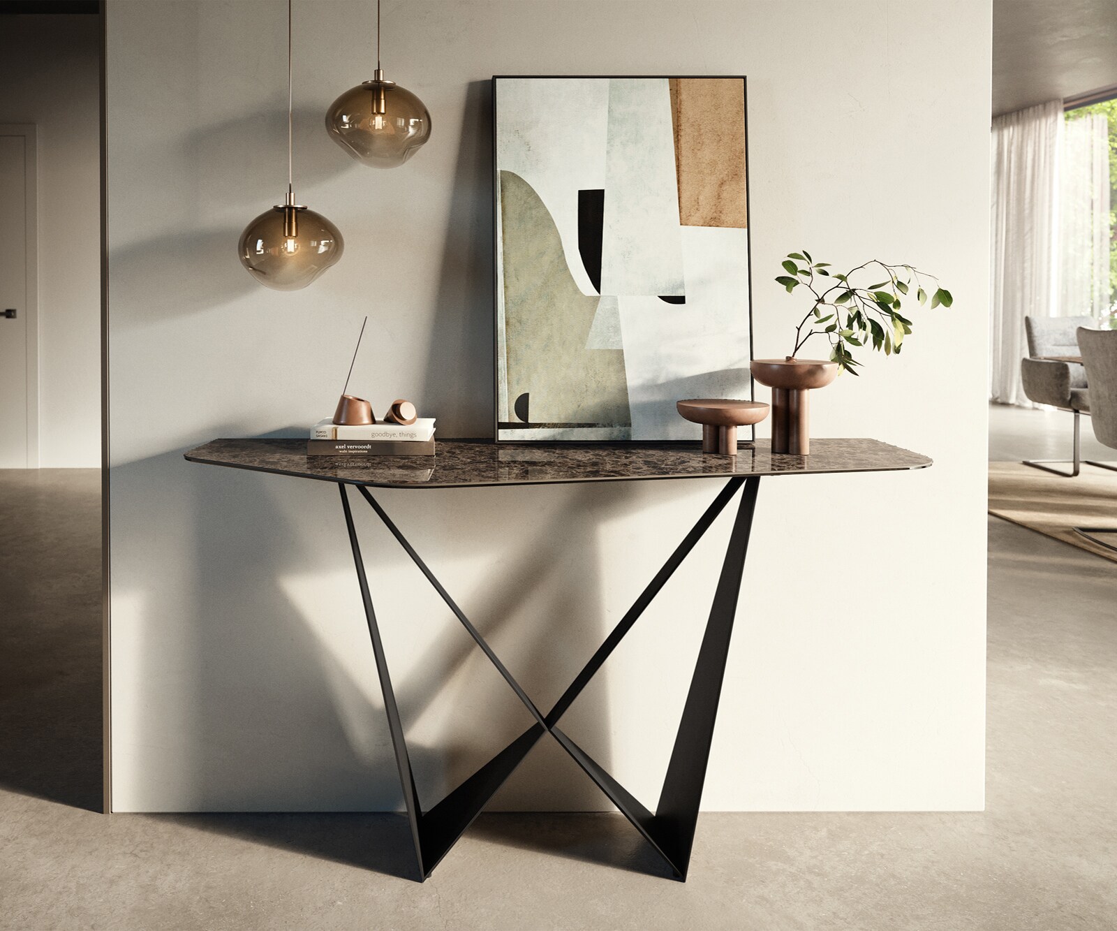 Consoletafel Edge Polygonaal 140x50 cm Keramiek Emperador Extra Lucidato Dunkelbraun Spios Metaal Zwart