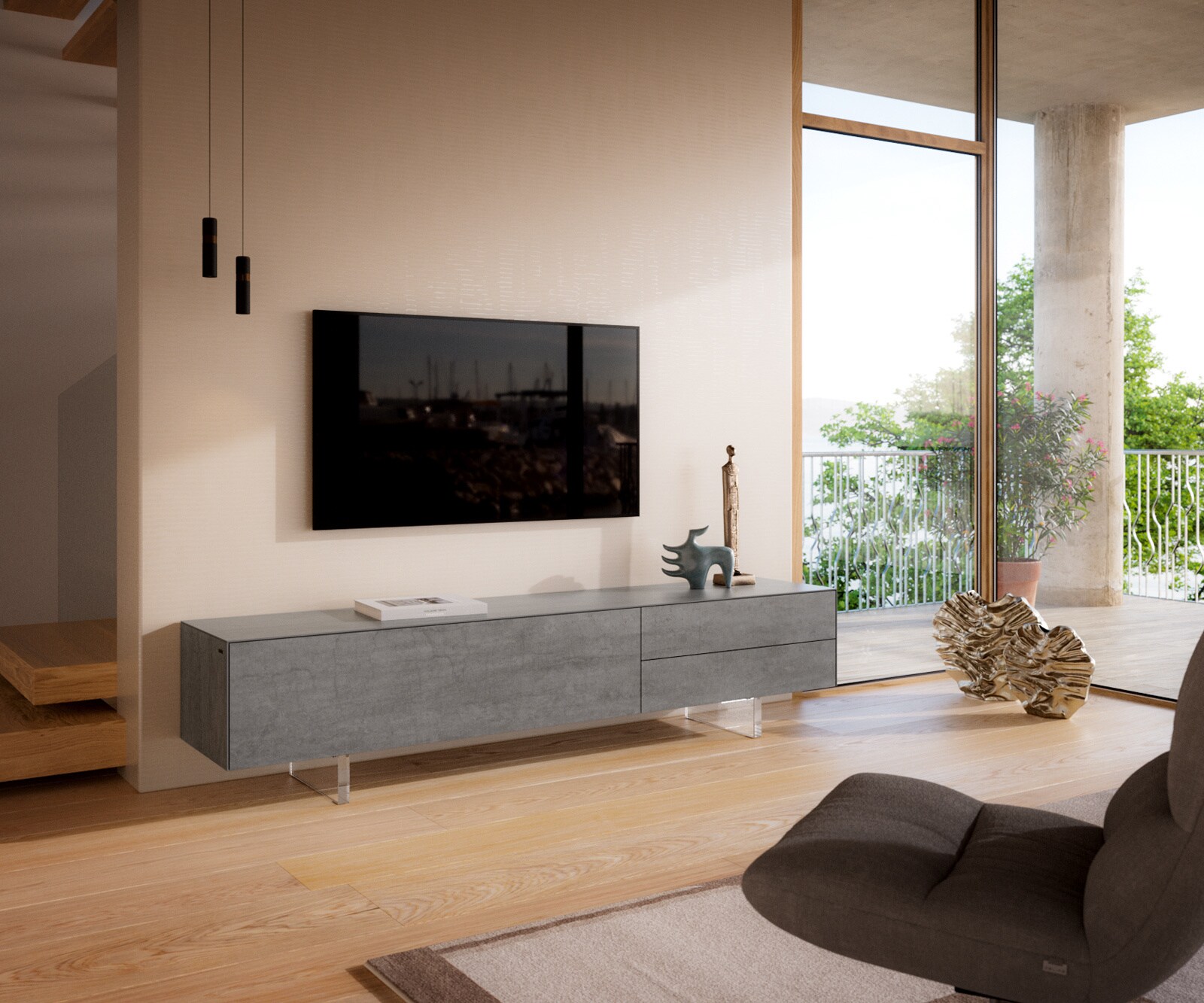 Tv-meubel Cuor 220 cm Keramiek Beton Grijs 1 Flap 2 Laden Zwevende voet look Acrylglas 1