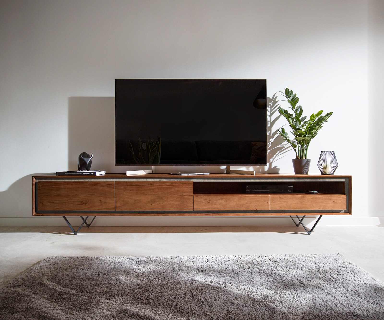 Tv-meubel Stonegrace 240 cm acacia bruin steenfineer 2 deuren 2 laden 1 legplank V-poot zwart 1
