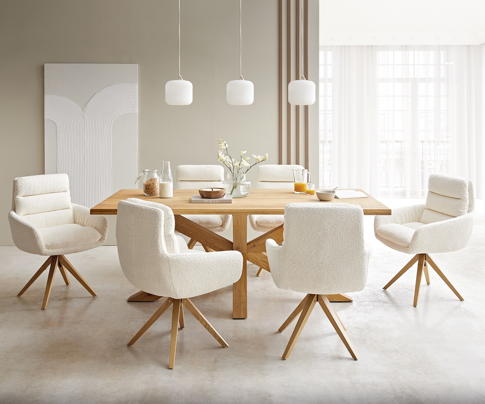 Eetkamerstoel Abelia-Flex met armleuning bouclé wit houten frame hoekig natuur 3 Eetkamerstoel Abelia-Flex met armleuning bouclé wit houten frame hoekig natuur 3