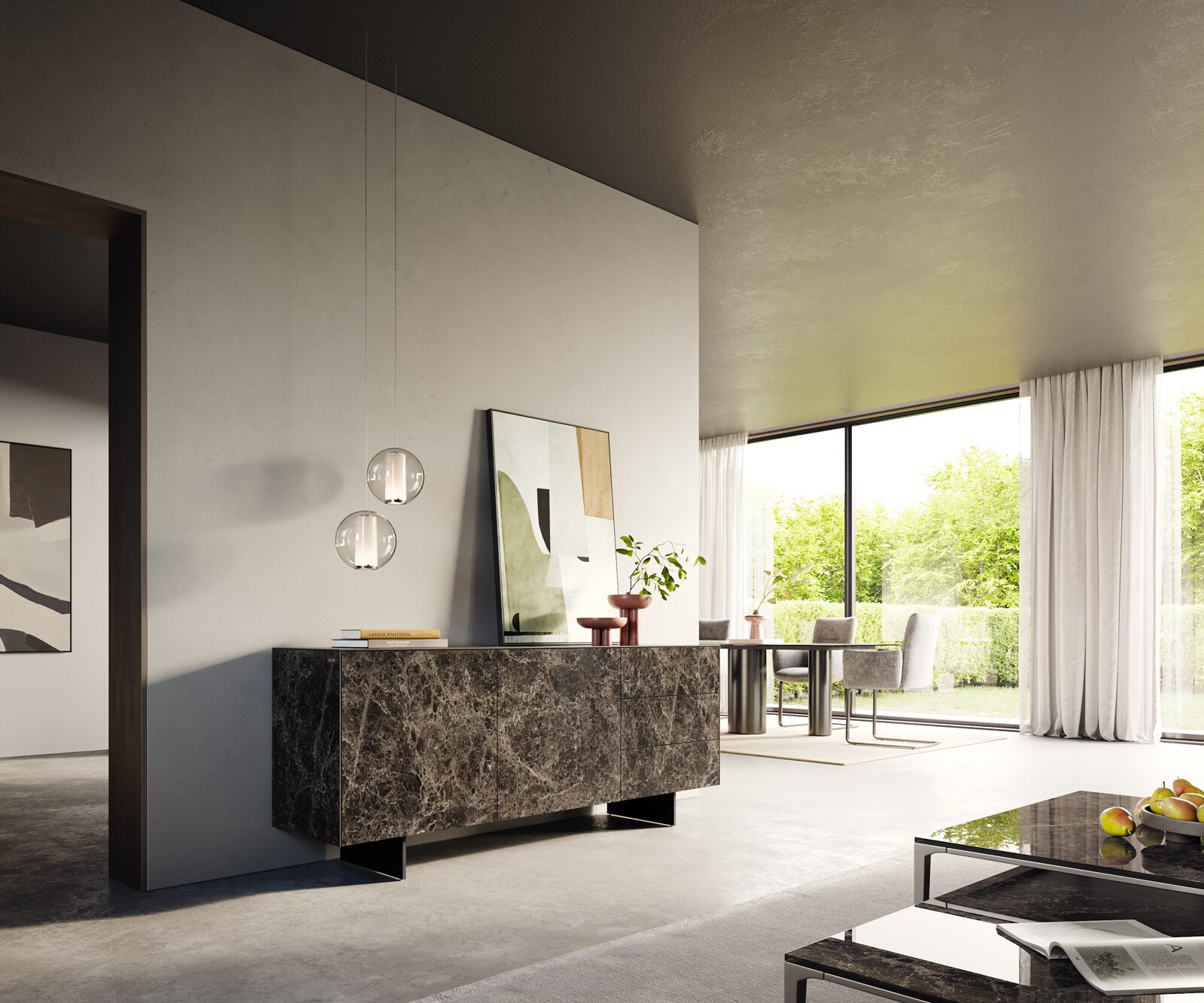 Dressoir Cuor 180 cm Keramiek Laminam® Emperador Extra Lucidato Donkerbruin 2 Deuren 3 Laden Zwevende voet look Metaal Zwart 6