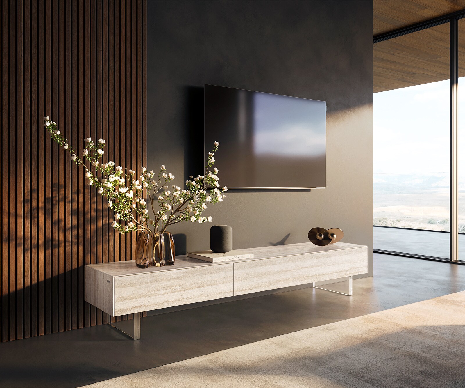 Tv-meubel Cuor 200 cm Keramiek Laminam® Travertino Bianco Crème-wit 1 Flap 1 Lade Zwevende voet look Acrylglas