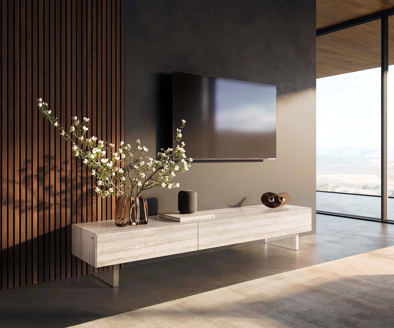 Tv-meubel Cuor 200 cm Keramiek Laminam® Travertino Bianco Crème-wit 1 Flap 1 Lade Zwevende voet look Acrylglas Tv-meubel Cuor 200 cm Keramiek Laminam® Travertino Bianco Crème-wit 1 Flap 1 Lade Zwevende voet look Acrylglas