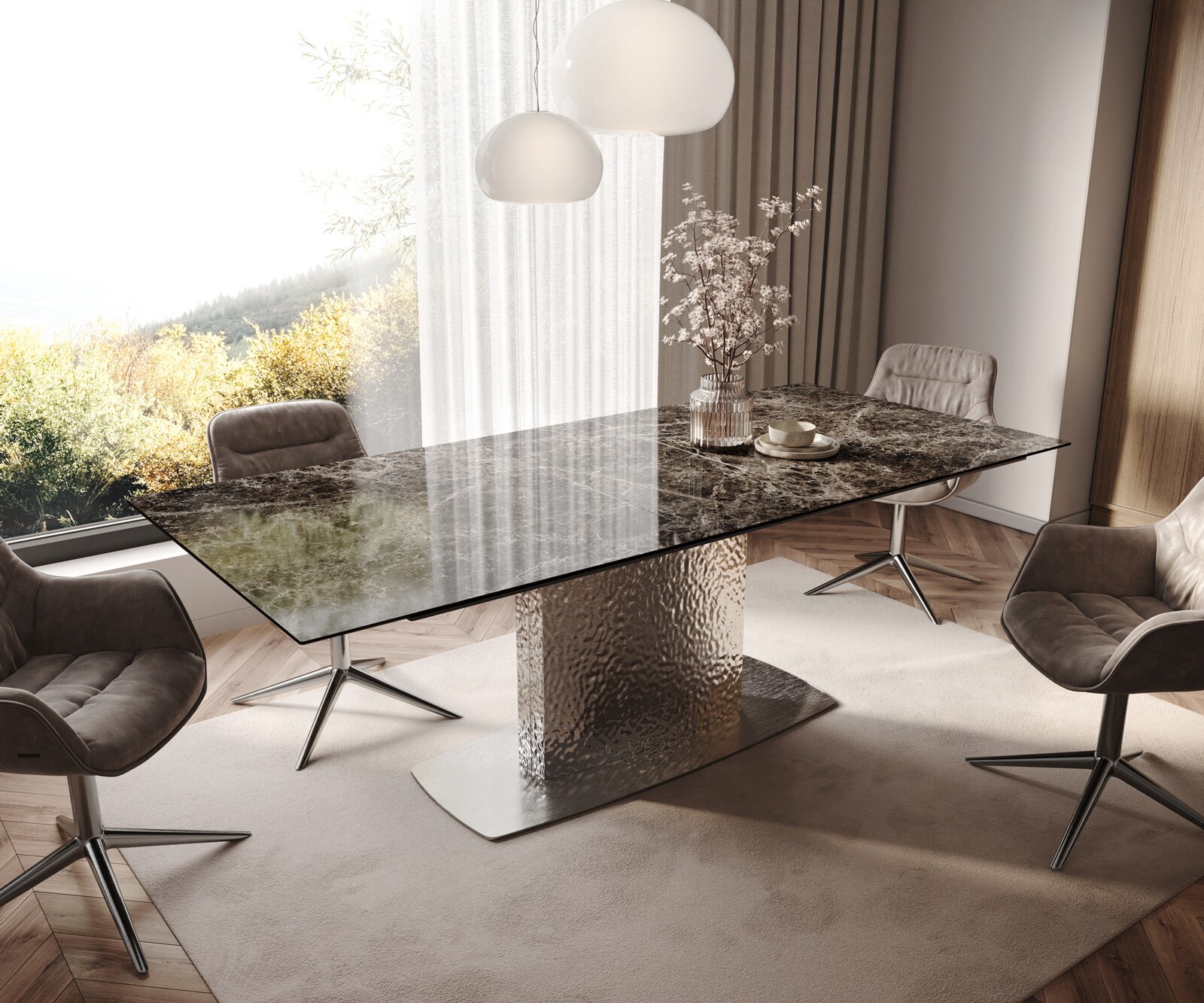 Eetkamertafel Edge 180-220x100 Laminam® Emperador Extra Lucidato donkerbruin Wave roestvrij staal uittrekbaar 1