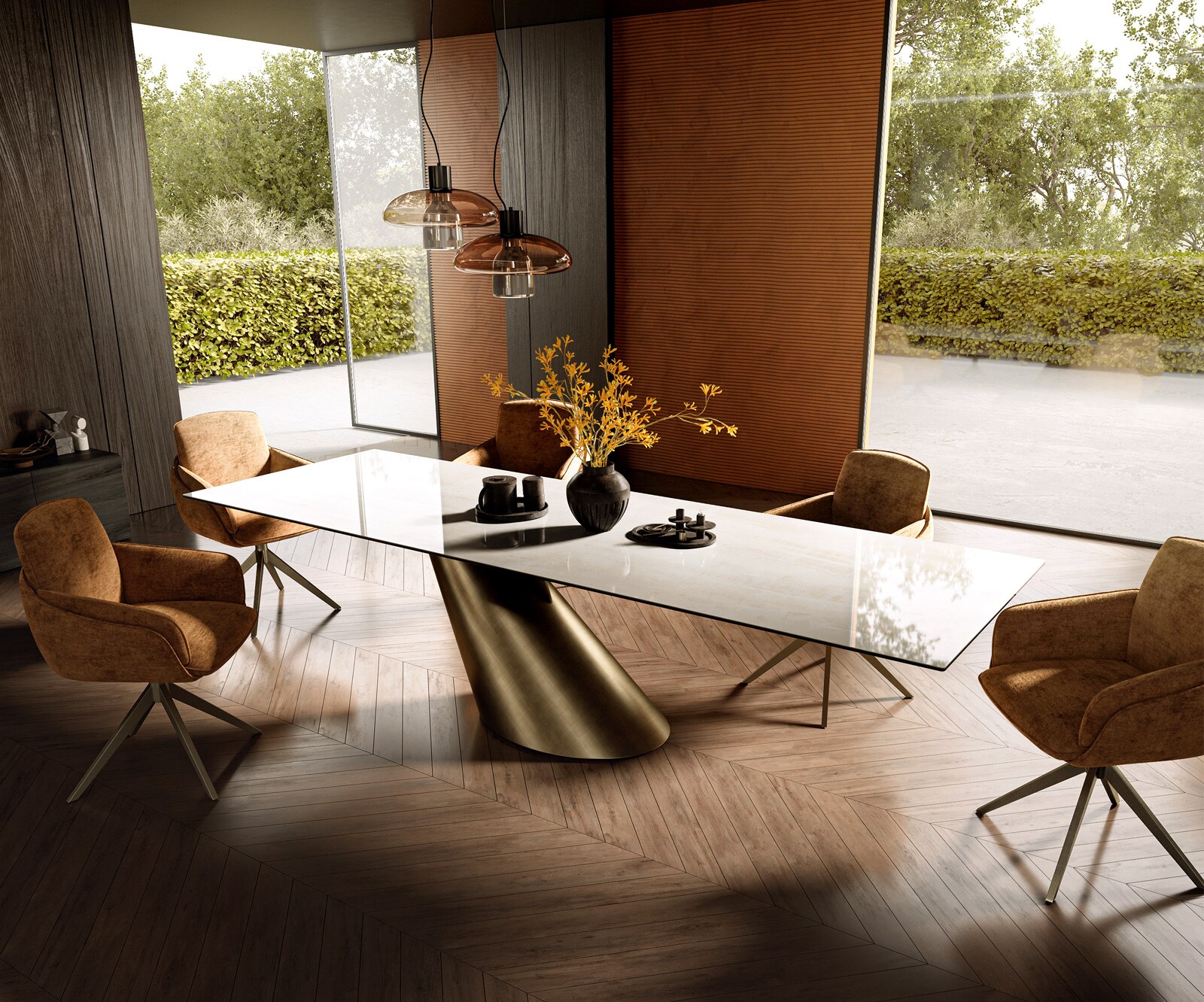 Eettafel Edge 300x100 cm keramiek Onyx Champagne Cono metallic goud 7