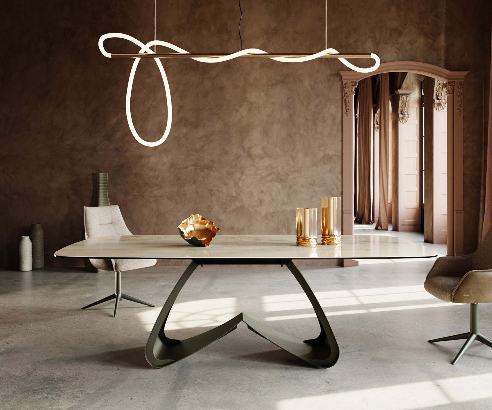 Eetkamertafel Edge Boot 240x120 cm Keramiek Iris FMG Onice Oro W-onderstel Metaal Effectafwerking Titan 2