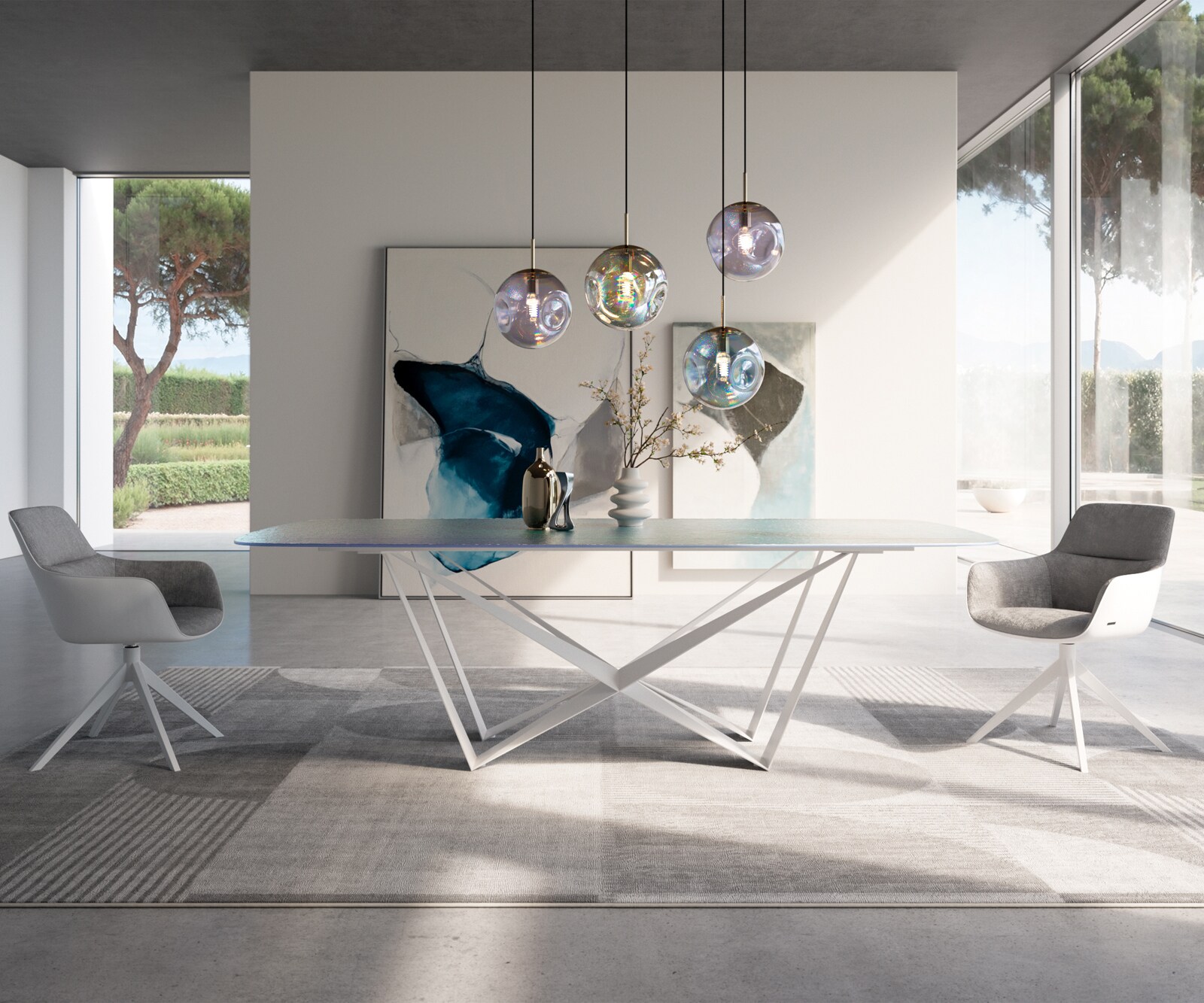 Eetkamertafel Edge Boot 240x120 cm Reliefglas Parelmoer 3D-Design Spider Metaal Wit 1