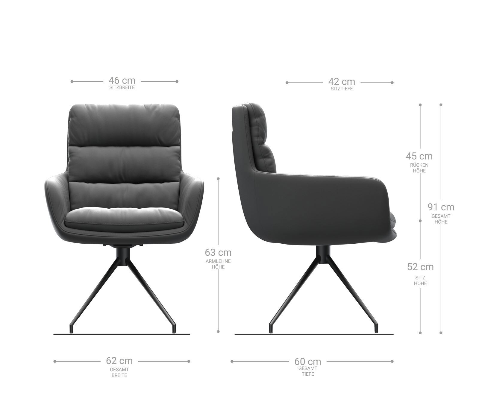 Eetkamerstoel Abelia-Flex met armleuning echt leer zwart kruisframe conisch roestvrij staal 5 Eetkamerstoel Abelia-Flex met armleuning echt leer zwart kruisframe conisch roestvrij staal 5